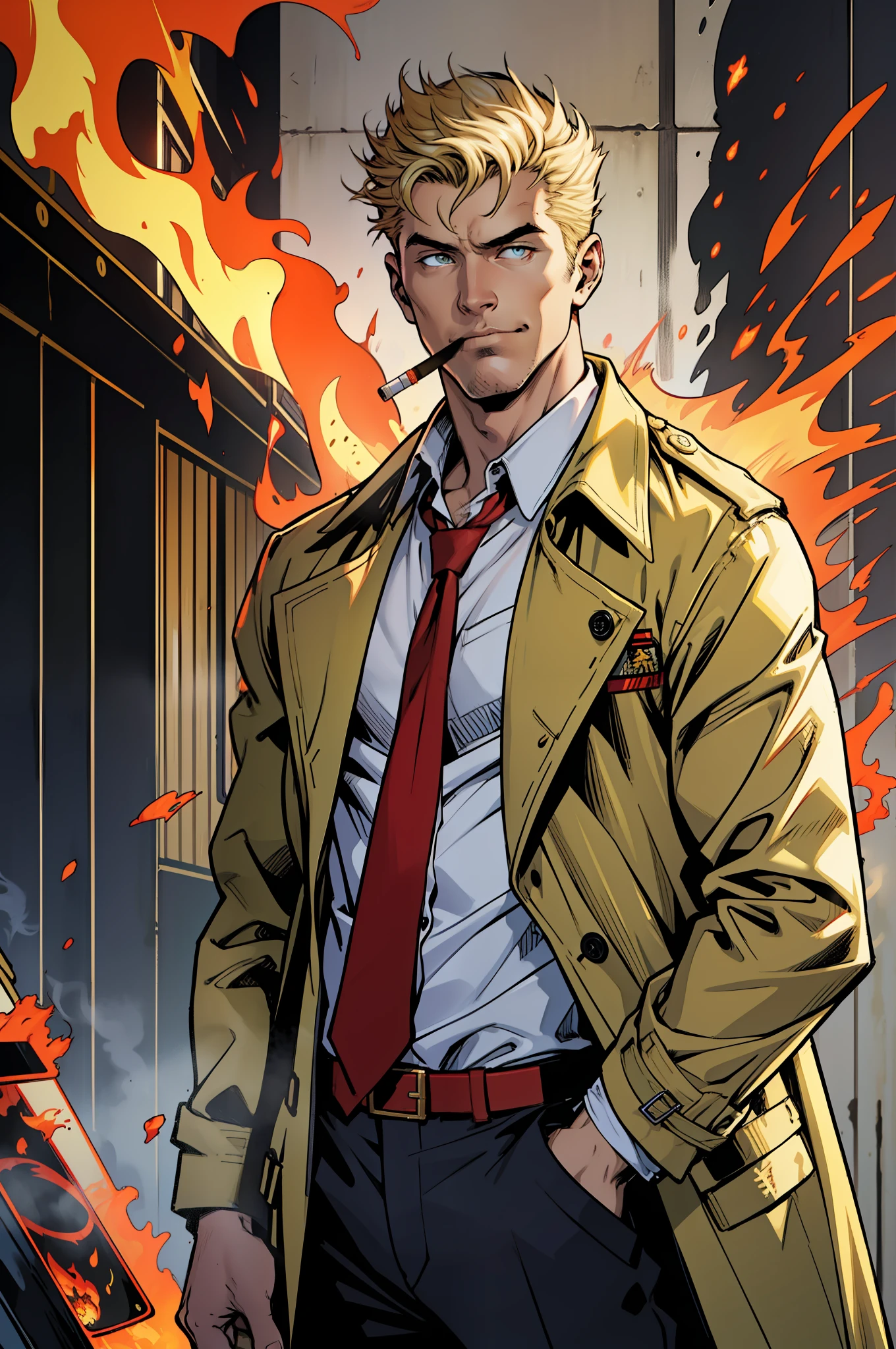 1 man, solo, John Constantine, British man, tall, fit muscle, big baggy yellow trench coat, loose red tie, loose white shirt, making fire out of his hand, smirks, smoking a cigarette, light blond hair, crew cut hair style, hades style fire, solid background, best quality, 4k, wallpaper