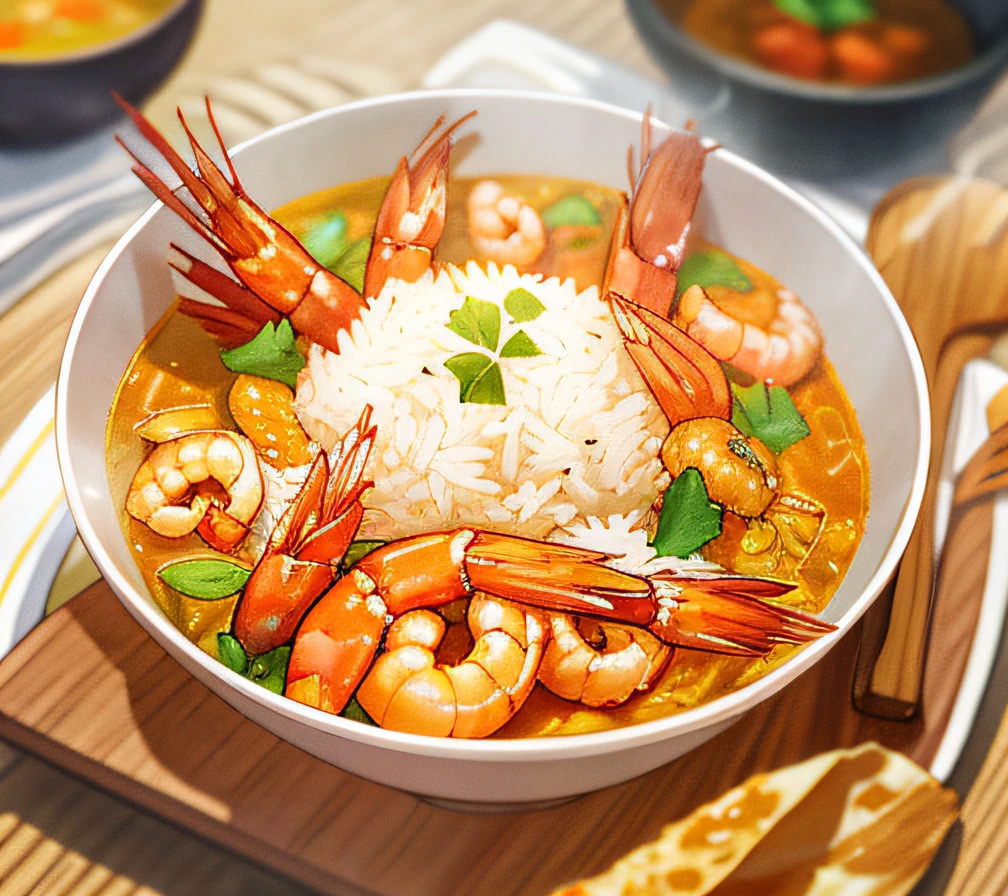 Masterpiece, best quality, rice, shrimp curry, shrimps, closeup, food focus, super delicious, food, anime, manga, manga, bowl of curry rice, rice, prawns, wooden table, yellow soup, hot steam, volume, edge lighting, soft focus, blurred background