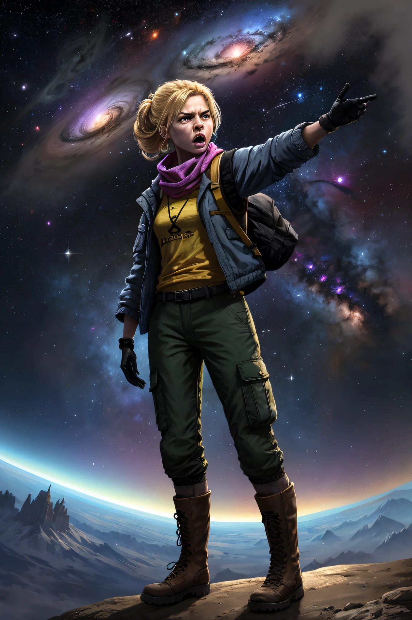 Dollie NobodySD15 Post-apocalyptic, shabby scavenger outfit: shabby, dust-covered utility jacket, faded black vest, cobbled repaired cargo pants, sturdy worn combat boots, fingerless gloves, multi-purpose scarves. Female character, gesture with gun in hand, angry expression, angry appearance, hair of Keith Parkinson's Galactic Observatory, Space Observatory studying distant galaxies, black holes, and cosmic phenomena. Bright Morning Sunlight Shines (ZRPGSTYLE) (Masterpiece: 1.2) (Best Quality: 1.2) (Verbose) (Complex) (8K) (HDR) (Cinematic Lighting) (Clear Focus)