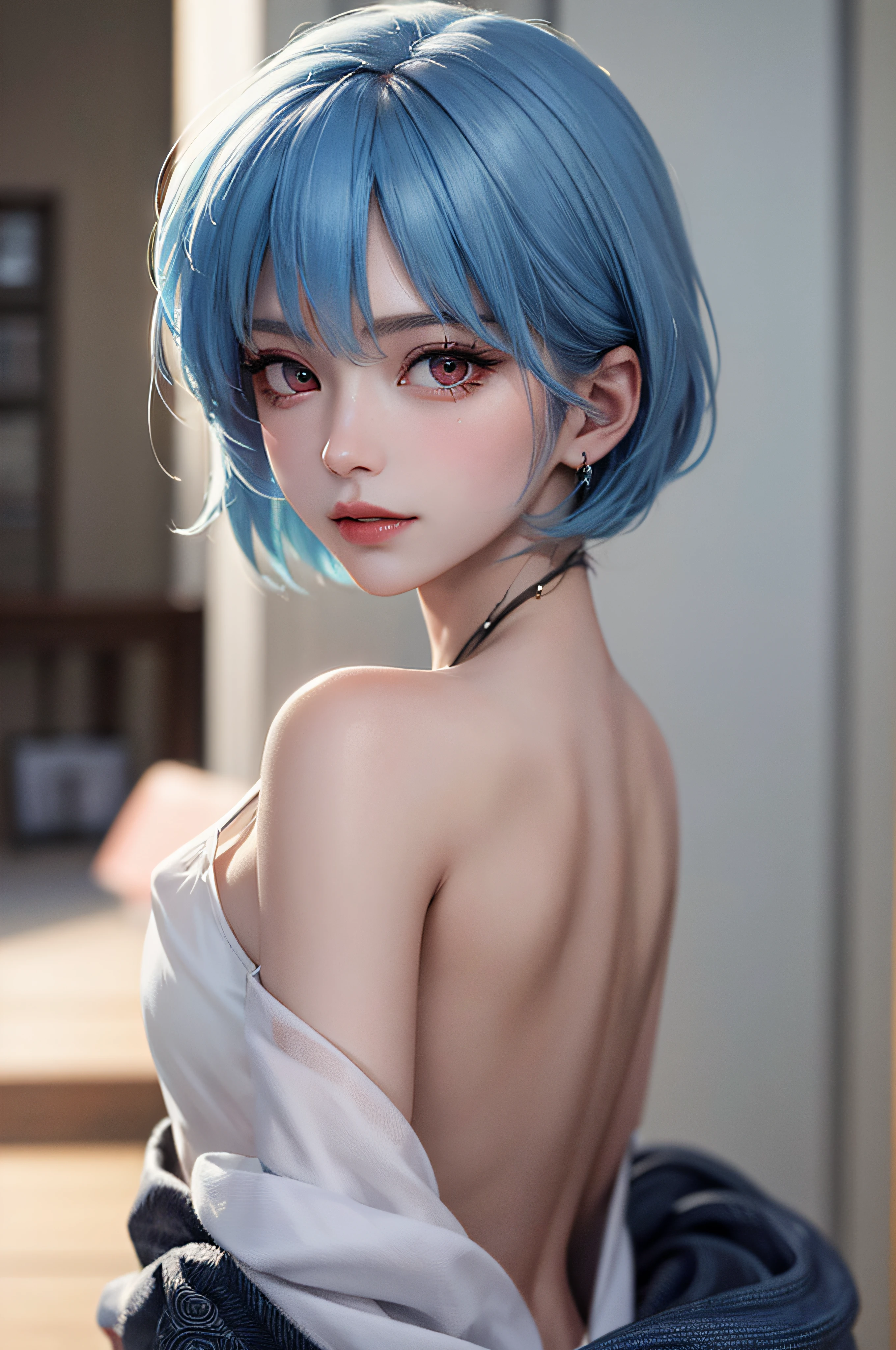 Masterpiece, Best Quality, 8K, Detailed Skin Texture, Detailed Cloth Texture, Beautiful Detail Face, Intricate Detail, Ultra Detailed, Portrait of Rei Ayanami, Blue Hair, Red Eyes, Looking Back, No Background