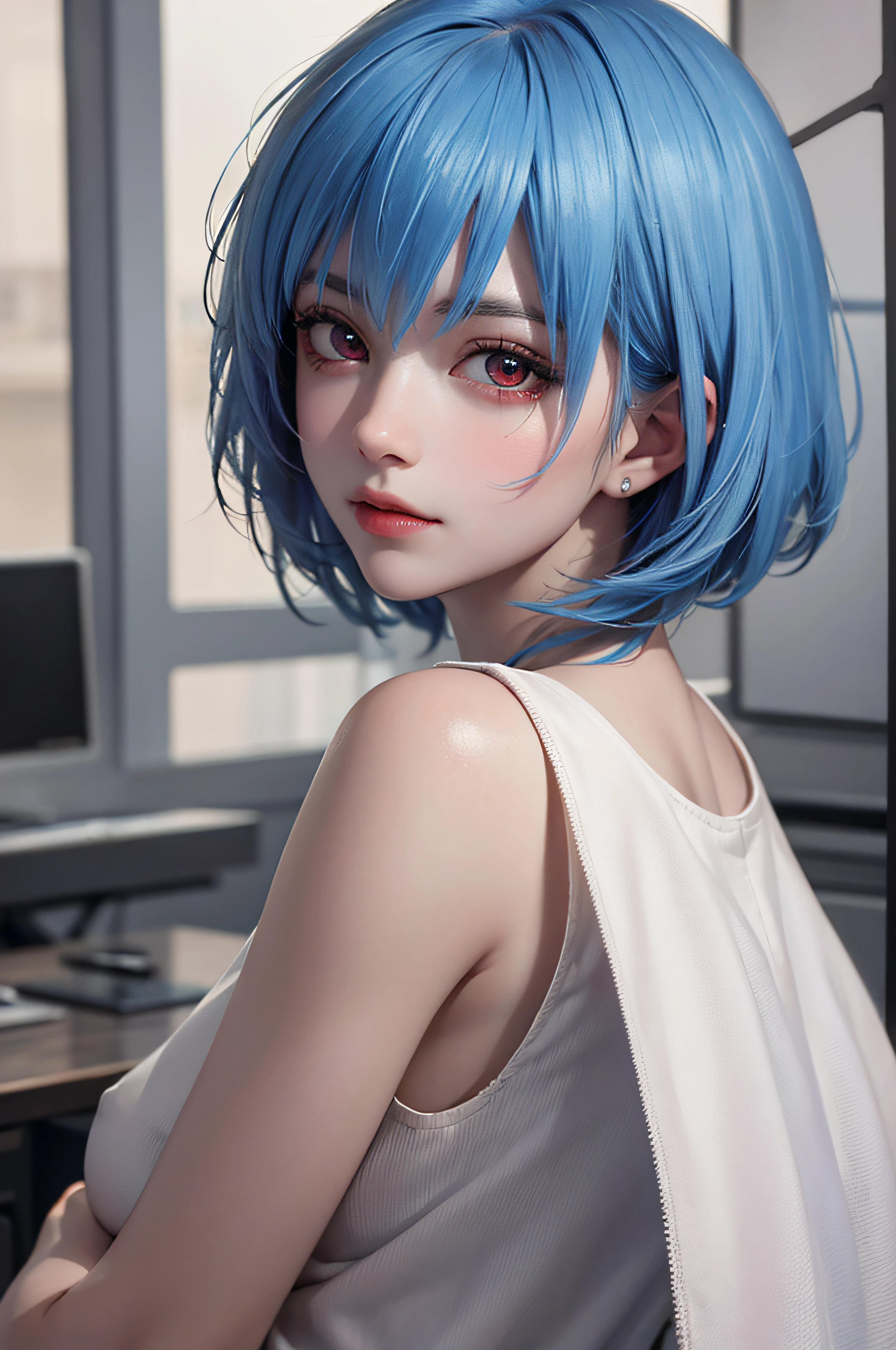 Masterpiece, Best Quality, 8K, Detailed Skin Texture, Detailed Cloth Texture, Beautiful Detail Face, Intricate Detail, Ultra Detailed, Portrait of Rei Ayanami, Blue Hair, Red Eyes, Looking Back, No Background