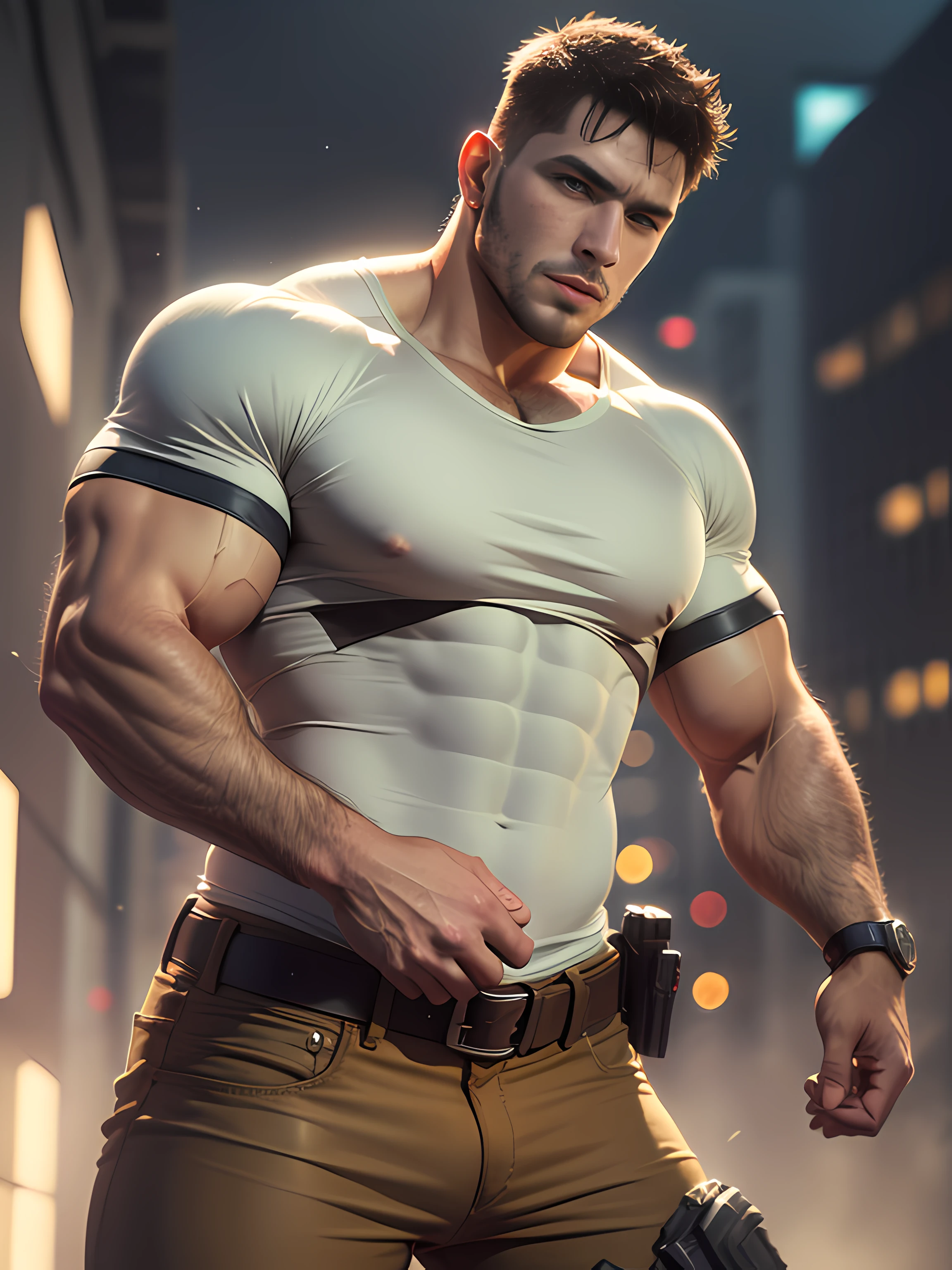 Character design (Resident Evil - Chris Redfield, Chris Redfield) wears a milky white stretch tight T-shirt, looks intoxicated and enjoyed, eyes slightly narrowed, mouth open into an O-shape, expression enjoyment, deep and charming eyes, emerald-like pupils, muscle male hero, heroic male pose, tall and burly, muscular! Sexy charming muscular leg muscles, tall burly, beige cream stretch tight T-shirt, super gain and cool, high resolution committee, cream white combat boots, attractive strong men, bright moonlight on the body, intoxicated enjoyment