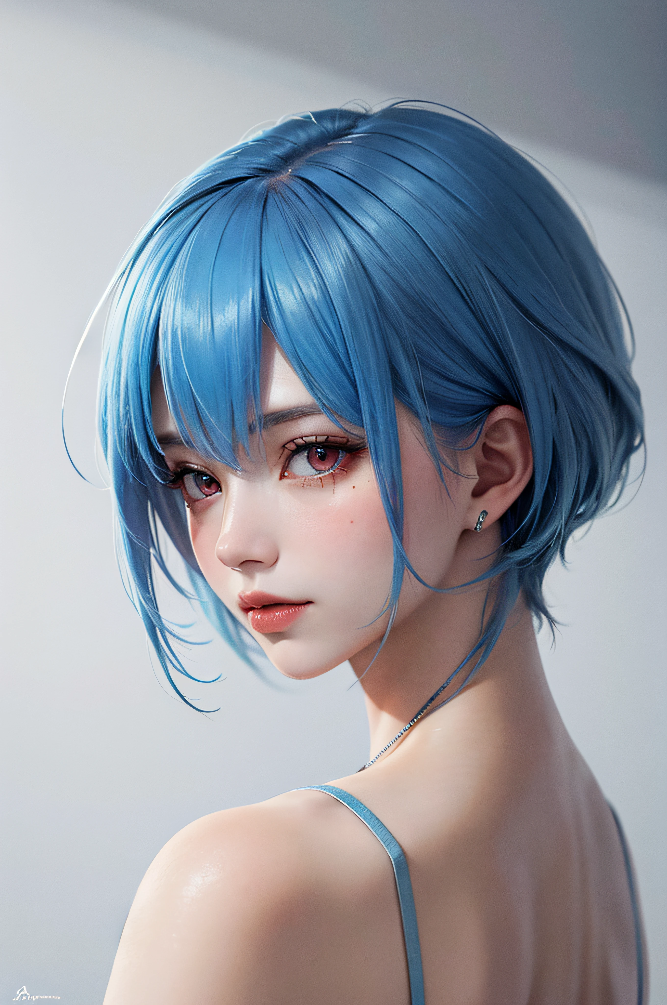 Masterpiece, Best Quality, 8K, Detailed Skin Texture, Detailed Cloth Texture, Beautiful Detail Face, Intricate Detail, Ultra Detailed, Portrait of Rei Ayanami, Blue Hair, Red Eyes, Looking Back, No Background