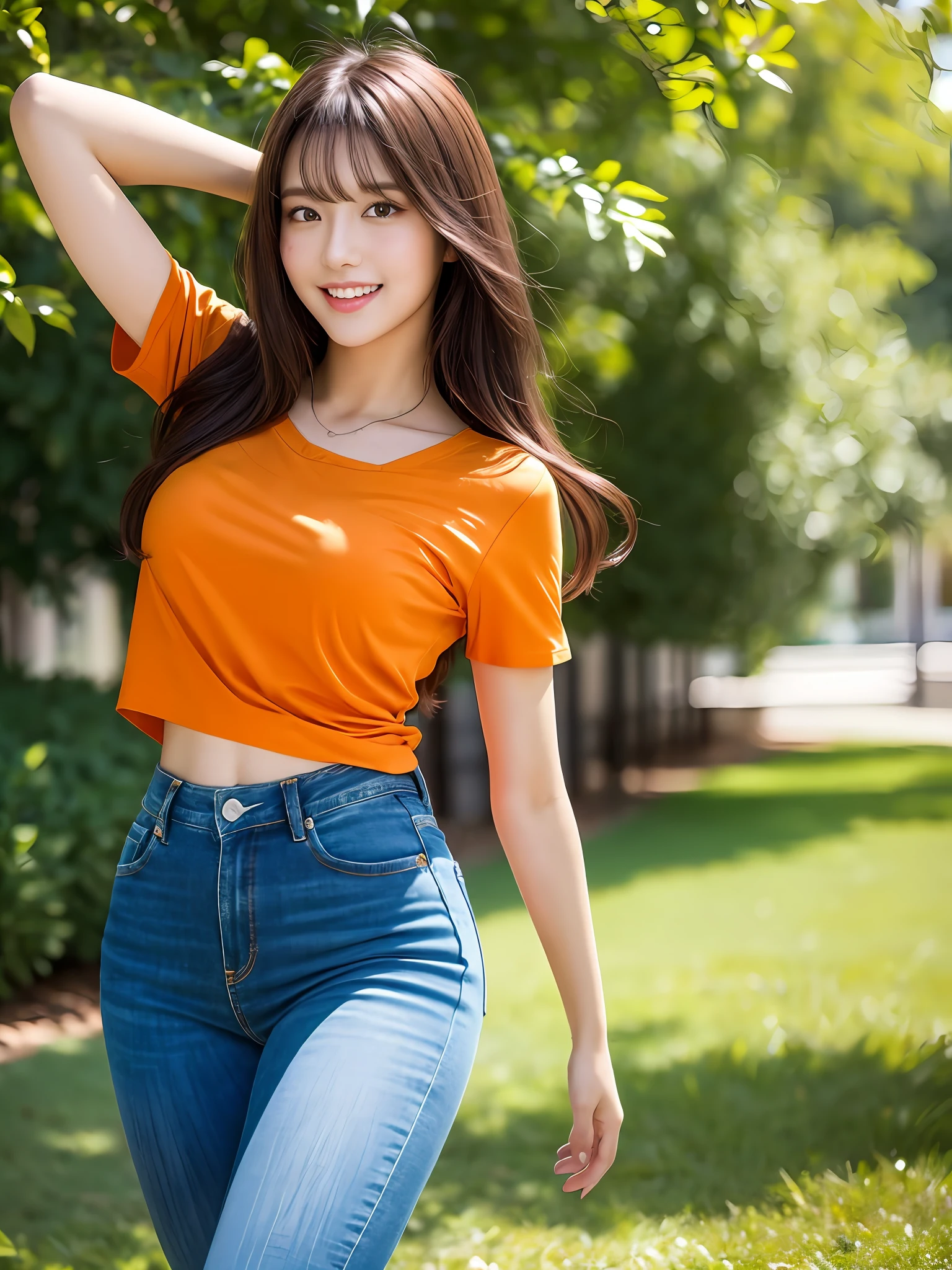 masterpiece, full body shot, directly front view, 1 girl per 1 photo, a Japanese young pretty girl, hyper pretty face, 18 years old, standing on a green grasses in a park with big smile, baseball glove in her left hand, glamorous figure, wearing a short sleeves orange T-shirt, wearing a denim pants, glossy lips, double eyelids in both eyes, natural makeup, long eyelashes, shiny smooth light brown hair of medium length, asymmetrical bangs, tanned skin, central image, 8K resolution, high detail, detailed hairstyle, Detailed Face, spectacular cinematic lighting, octane rendering, vibrant, hyper realistic, perfect limbs, perfect anatomy