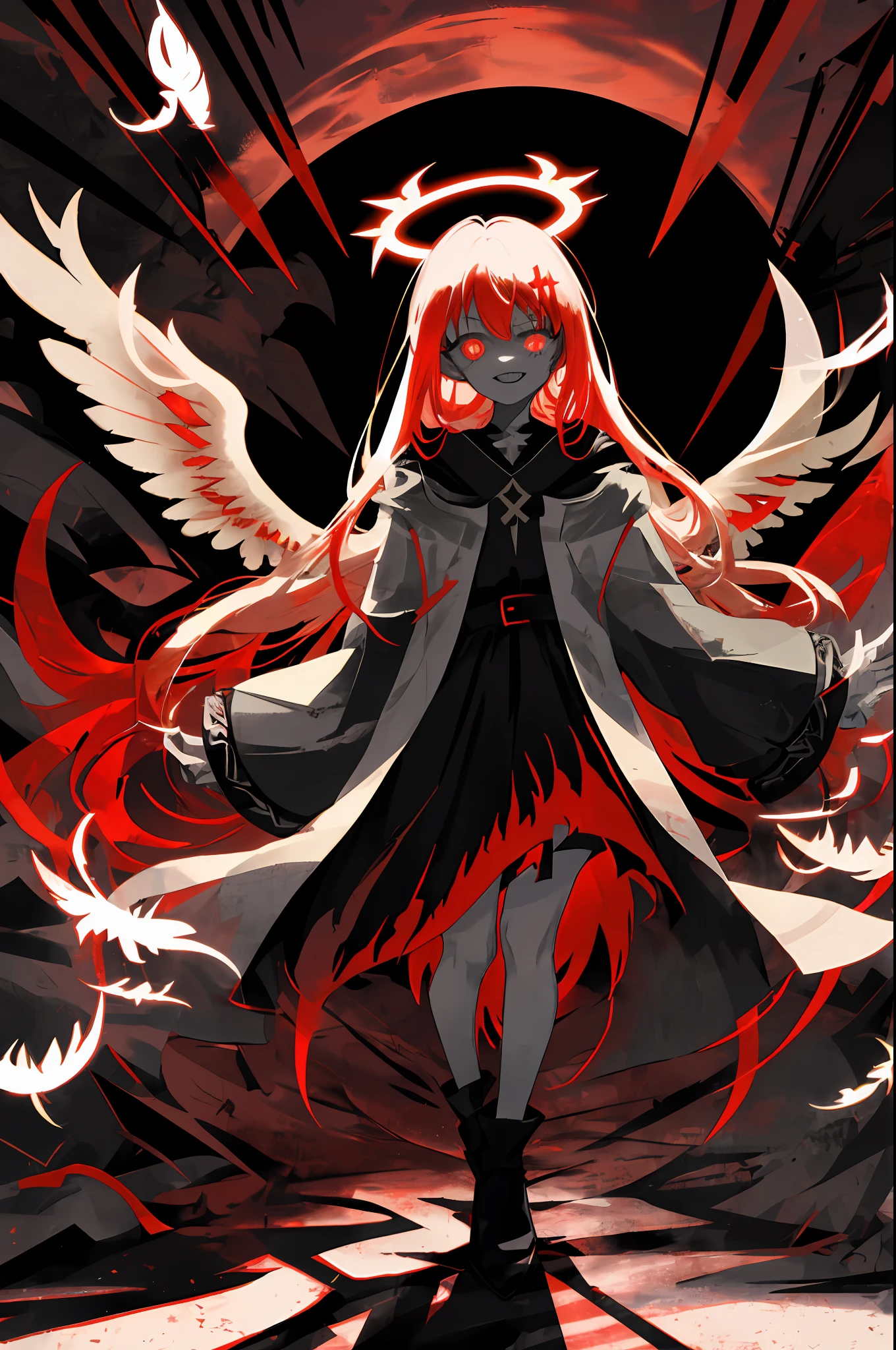1girl, (scary), angel, flying, red clouds, side view, gorgeos, (red halo), dark, glowing eyes, red eyes, (angel wings), holy, sensual, black tunic, feathers, confident, smile, expressive eyes, collofull eyes, contrast, shadows, masterpiece, digital art, glowing eyes, intimidating, corrupted, demonic, abstract, feelings