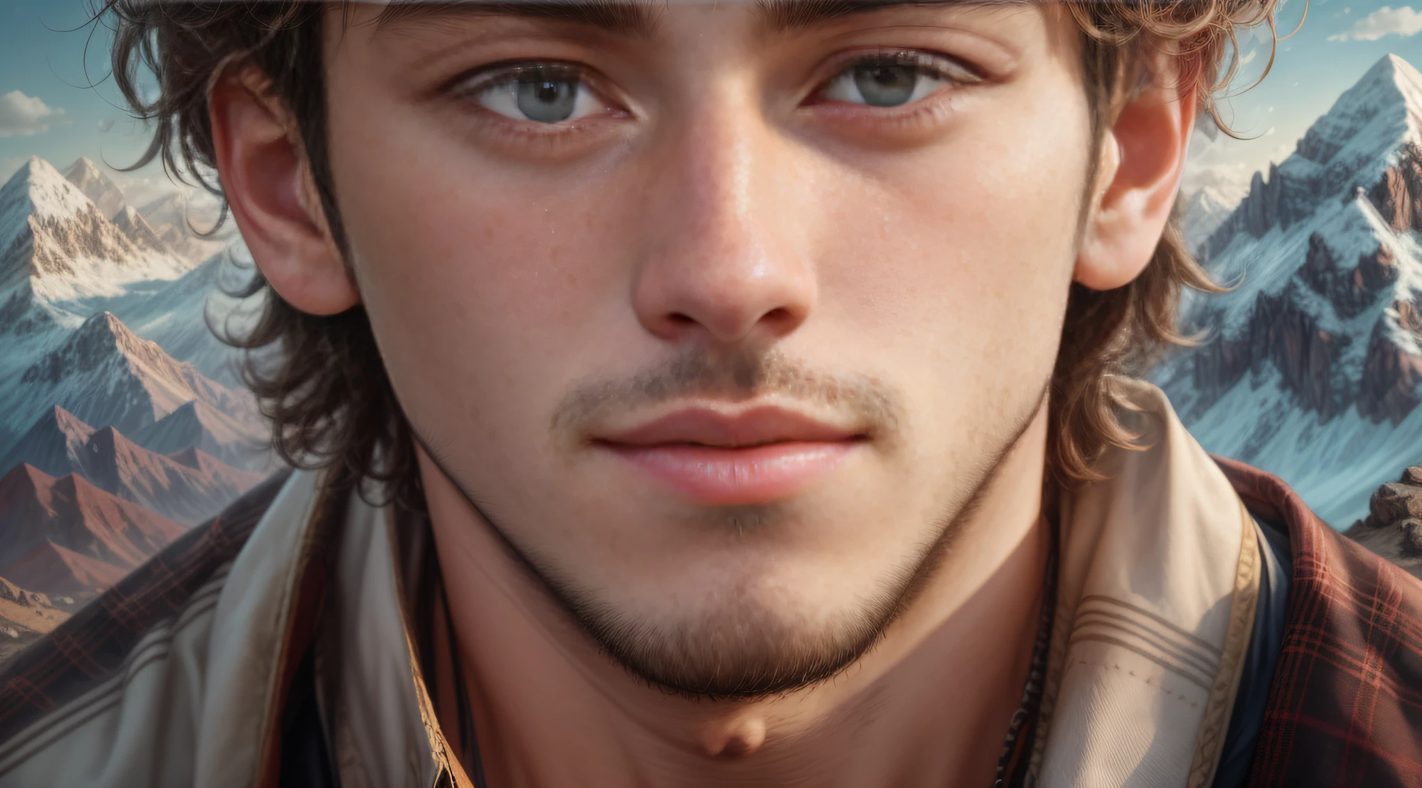 close-up on a young man's face looking at a high mountain
