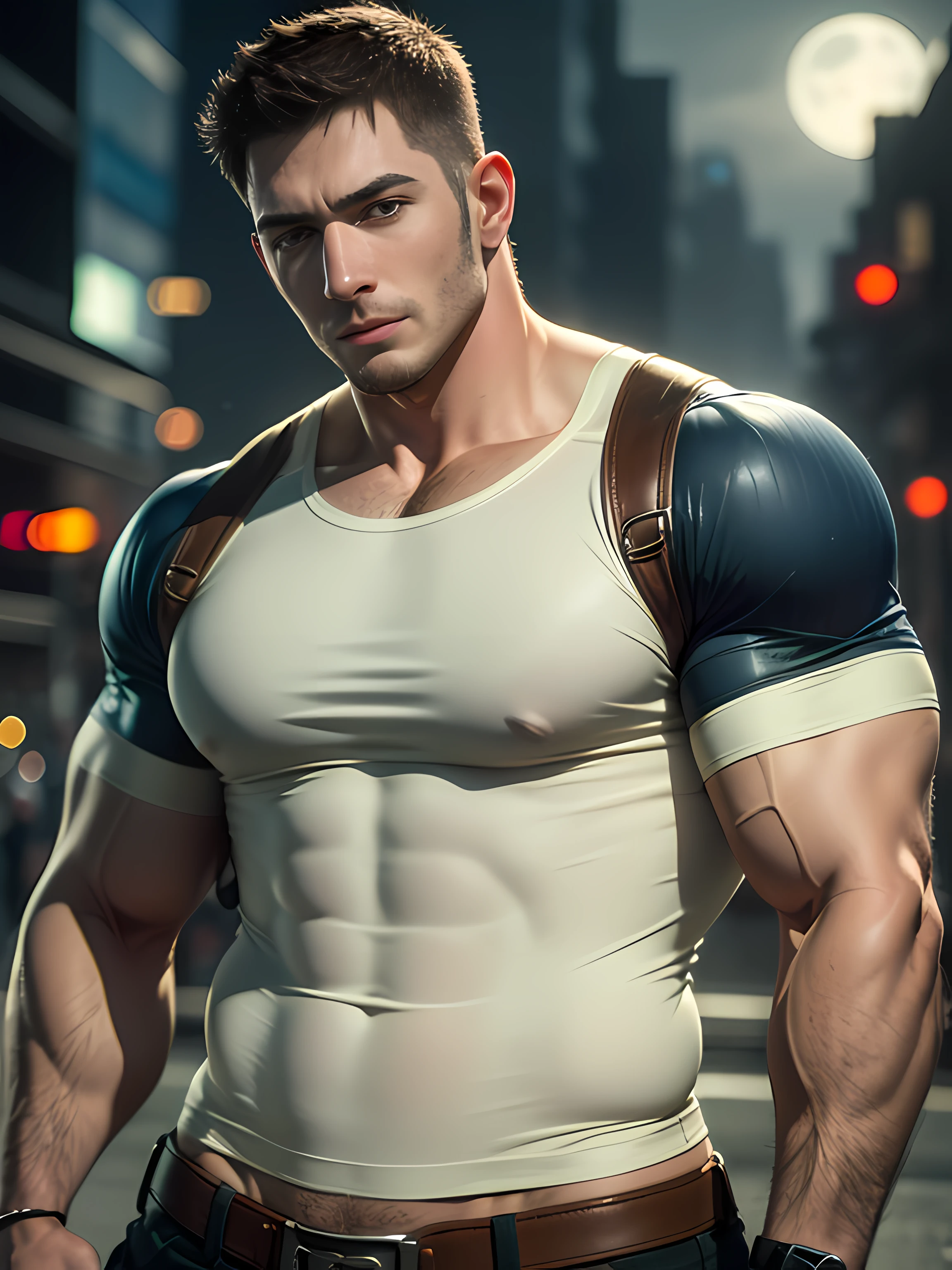 Character design (Resident Evil - Chris Redfield, Chris Redfield) wears a milky white stretch tight T-shirt, looks intoxicated and enjoyed, eyes slightly narrowed, mouth open into an O-shape, expression enjoyment, deep and charming eyes, emerald-like pupils, muscle male hero, heroic male pose, tall and burly, muscular! Sexy charming muscular leg muscles, tall burly, beige cream stretch tight T-shirt, super gain and cool, high resolution committee, cream white combat boots, attractive strong men, bright moonlight on the body, intoxicated enjoyment