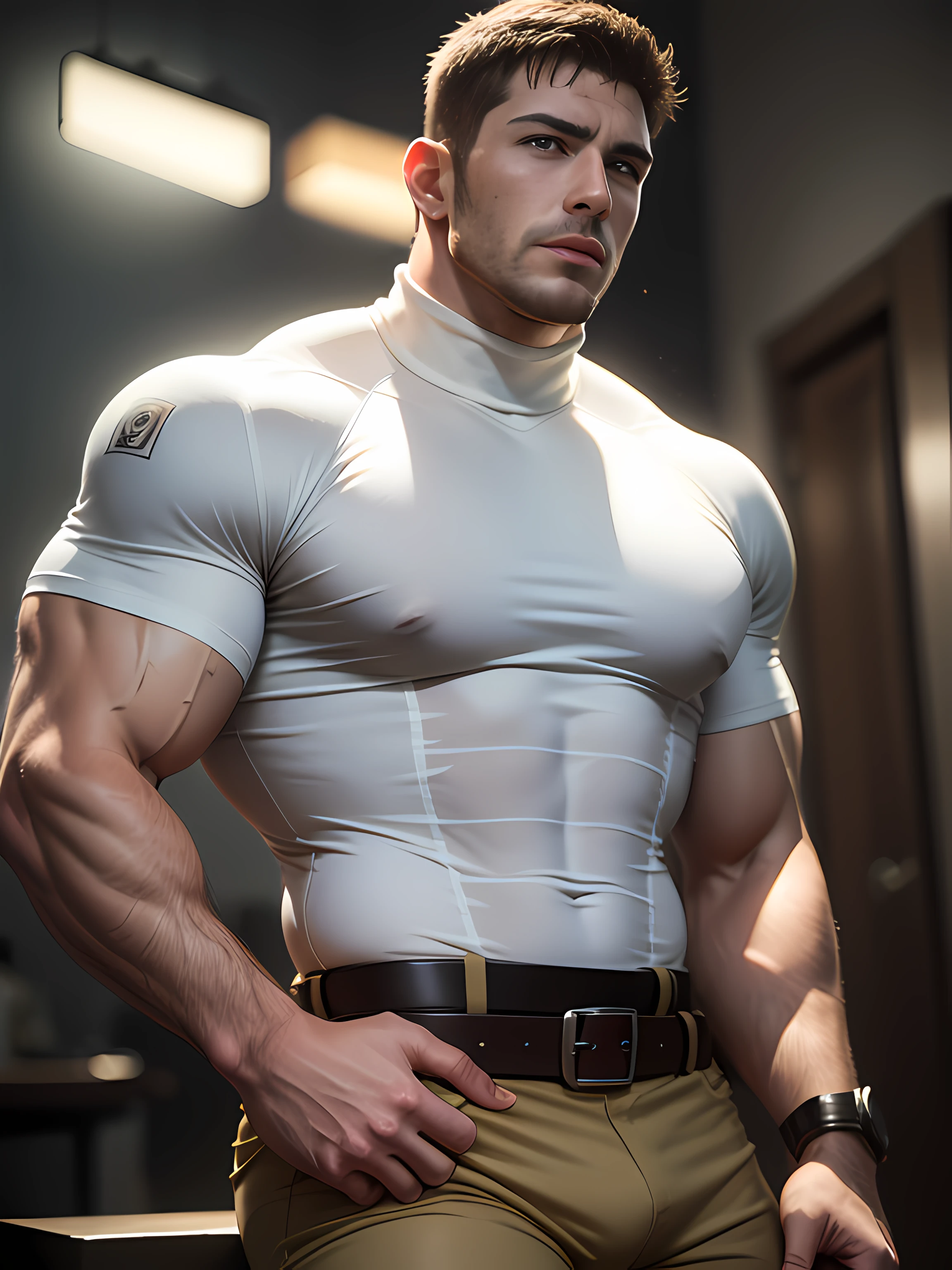 Character design (Resident Evil - Chris Redfield, Chris Redfield) wears a mie cream white high-neck stretch tight T-shirt, looks intoxicated and enjoyed, eyes slightly narrowed, mouth wide into an O-shape, expression enjoyment, deep and charming eyes, emerald-like pupils, muscle male hero, heroic male pose, tall and burly, muscular! Sexy charming muscular leg muscles, tall burly, beige cream stretch turtleneck tight T-shirt, super gain and cool, high resolution commission, cream white combat boots, attractive strong men, bright moonlight on the body, mesmerizing enjoyment