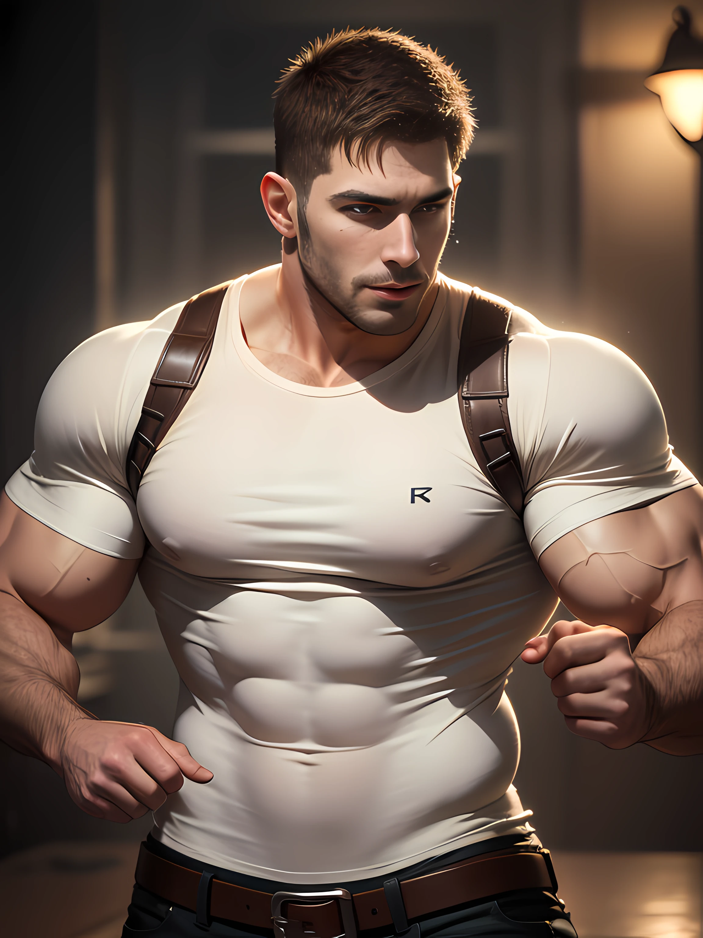 Character design (Resident Evil - Chris Redfield, Chris Redfield) wears a mie cream white high-neck stretch tight T-shirt, looks intoxicated and enjoyed, eyes slightly narrowed, mouth wide into an O-shape, expression enjoyment, deep and charming eyes, emerald-like pupils, muscle male hero, heroic male pose, tall and burly, muscular! Sexy charming muscular leg muscles, tall burly, beige cream stretch turtleneck tight T-shirt, super gain and cool, high resolution commission, cream white combat boots, attractive strong men, bright moonlight on the body, mesmerizing enjoyment