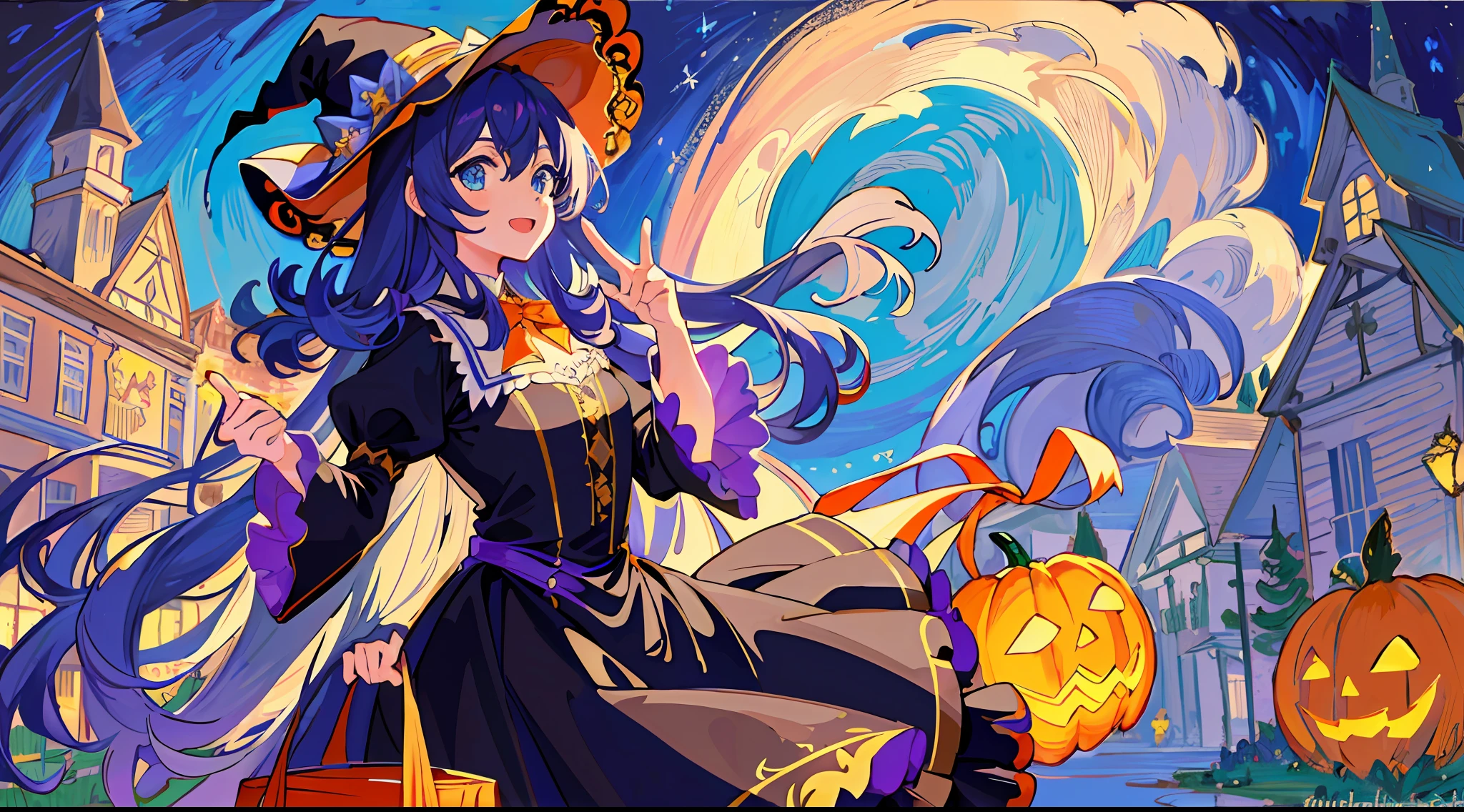 ((masterpiece:1.2, best quality)), 1girl, solo, (witch hat), a close up of a girl with curly hair, dress, aurora, night, star (sky), gloves, sky, dress, night sky, open mouth, starry sky, light blue eyes, ribbons, smile, cape, colorful hair, magic, casting spell, night, (impressionism:1.4), alphonse mucha, Halloween colors, colorful candy, magical lights, pumpkins, candies