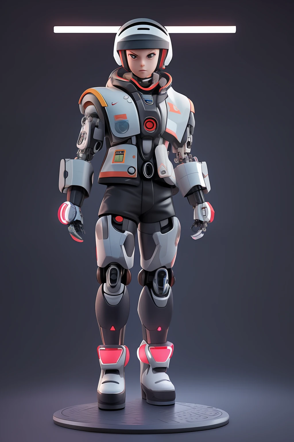 mechanical cyborg, chibi boy, resin mockuP, complex details, looking at the viewer, bored pose, full body, black background, super fashionable, with white hair, bored face, robotic arms, holding black mecha weapons, wearing black bulletproof jacket, and black red nike functional shoes, light neon lines in shorts and jacket shoes, fine gloss, clay material, popmart style, cyberpunk, ip by popmart, mockup blind box, studio light, front view, 3d rendering, c4d, octane render, blender, hyper quality, ultra hd, ultra high detail, 8k,