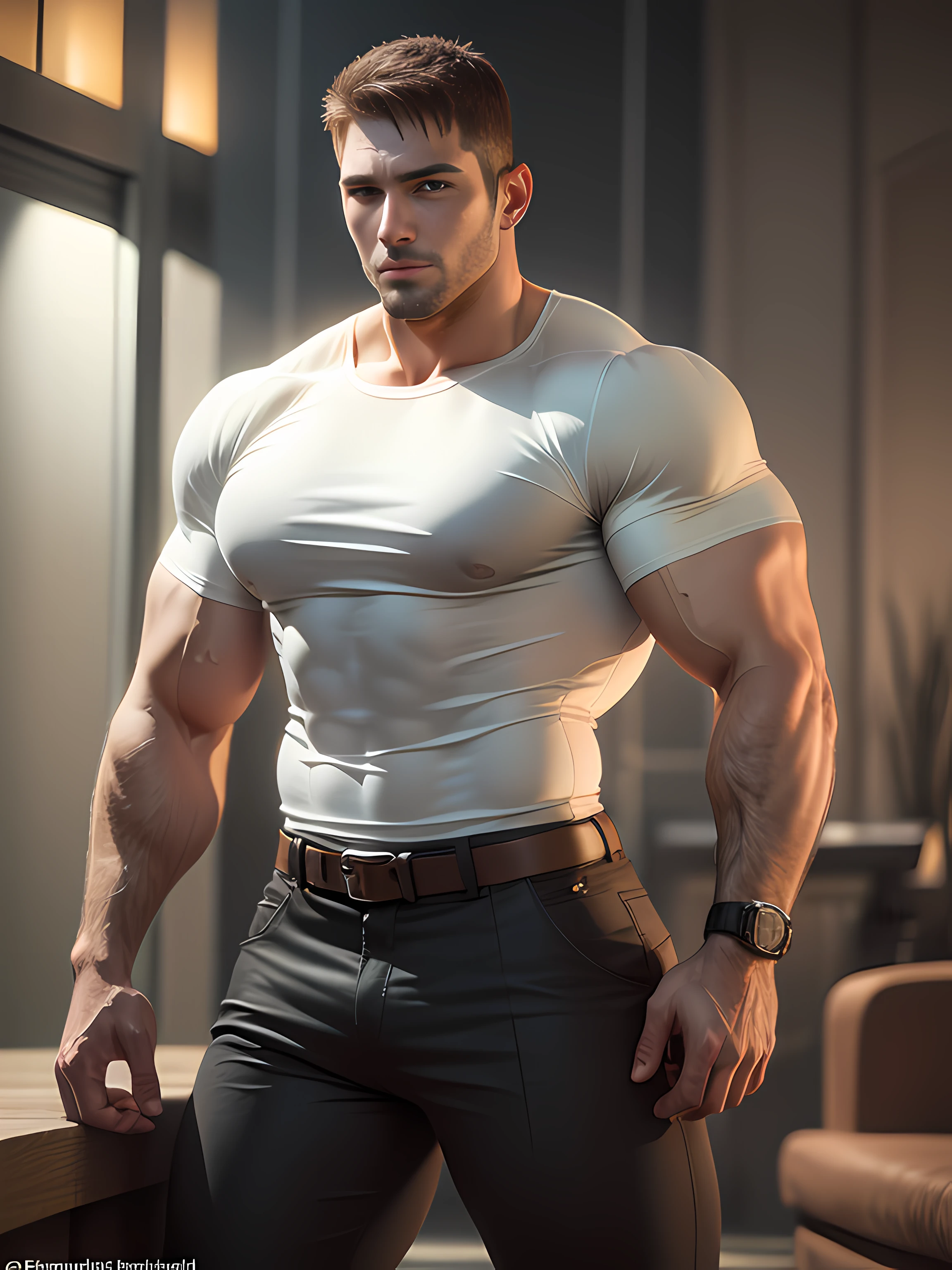 Character design (Resident Evil - Chris Redfield, Chris Redfield) wears a mie cream white high-neck stretch tight T-shirt, looks intoxicated and enjoyed, eyes slightly narrowed, mouth wide into an O-shape, expression enjoyment, deep and charming eyes, emerald-like pupils, muscle male hero, heroic male pose, tall and burly, muscular! Sexy charming muscular leg muscles, tall burly, beige cream stretch turtleneck tight T-shirt, super gain and cool, high resolution commission, cream white combat boots, attractive strong men, bright moonlight on the body, mesmerizing enjoyment