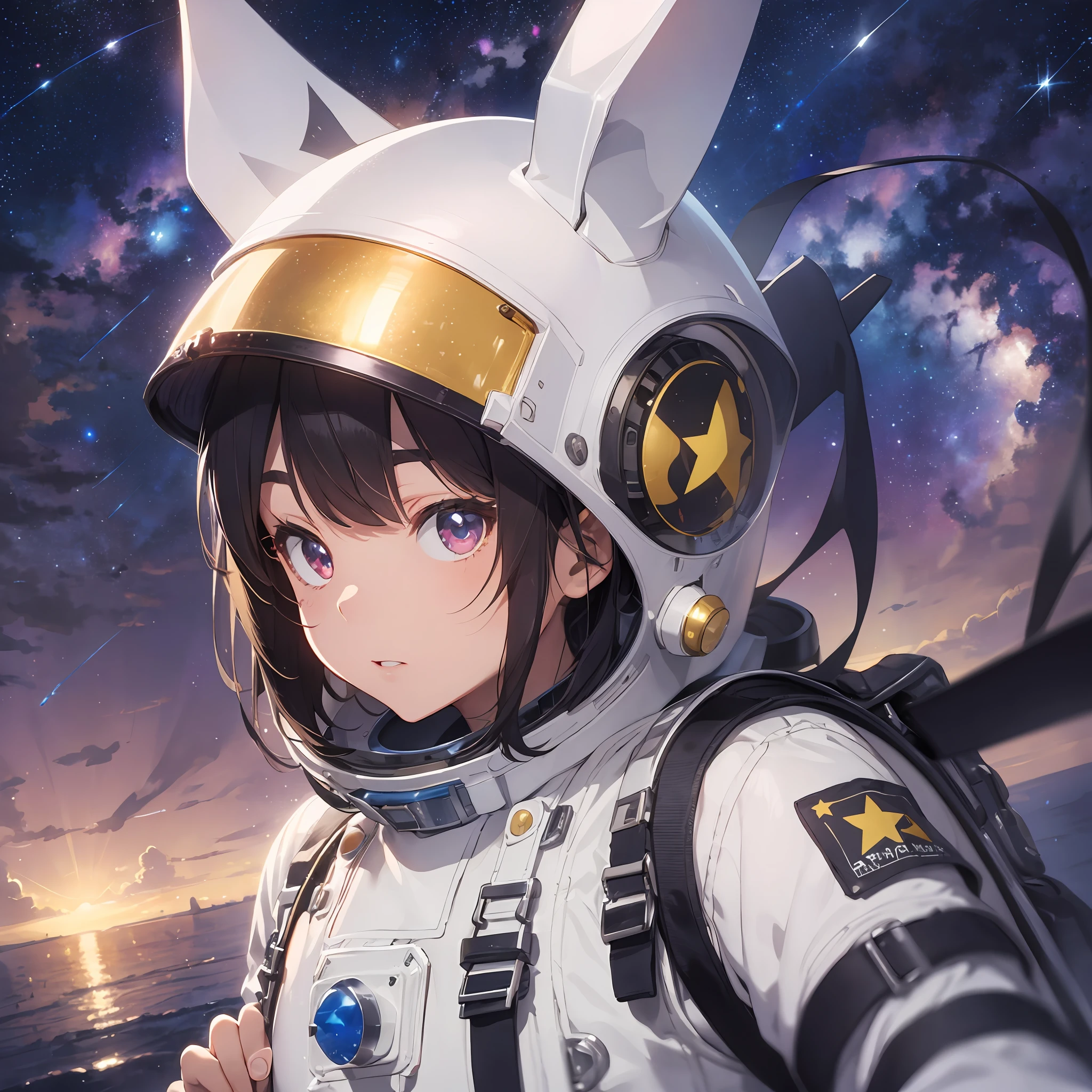 Background is star's milky way, spacesuit, background is outer space, helmet, spacewalk, thick eyebrows, (huge backpack: 1.5), (dark skin: 1.3), brown skin, movie lighting, small, rabbit ears, (masterpiece), ((best quality)), (super detailed), shiny skin, full body anime girl, clean and detailed anime face, high resolution anime eyes, five fingers, Textile shading, perfect human structure, perfect anatomy,