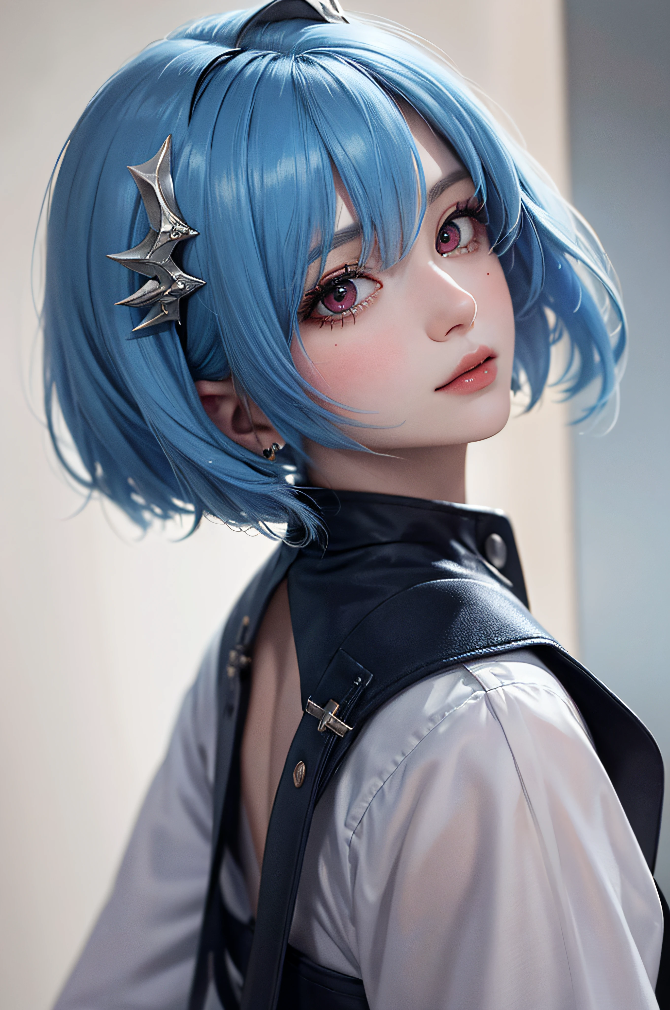 Masterpiece, Best Quality, 8K, Detailed Skin Texture, Detailed Cloth Texture, Beautiful Detail Face, Intricate Detail, Ultra Detailed, Portrait of Rei Ayanami, Blue Hair, Red Eyes, Looking Back, No Background