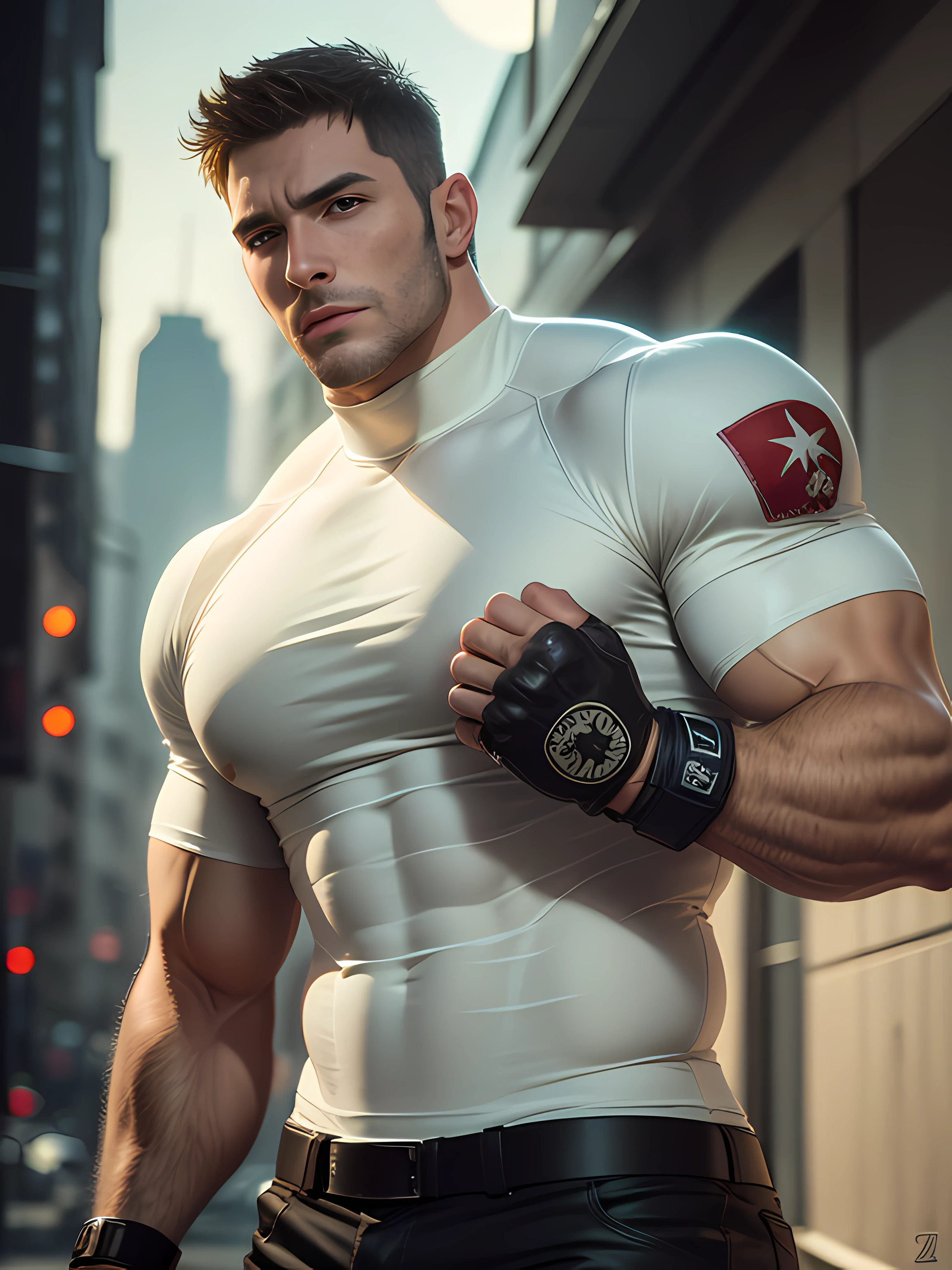 Character design (Resident Evil - Chris Redfield, Chris Redfield) wears a mie cream white high-neck stretch tight T-shirt, looks intoxicated and enjoyed, eyes slightly narrowed, mouth wide into an O-shape, expression enjoyment, deep and charming eyes, emerald-like pupils, muscle male hero, heroic male pose, tall and burly, muscular! Sexy charming muscular leg muscles, tall burly, beige cream stretch turtleneck tight T-shirt, super gain and cool, high resolution commission, cream white combat boots, attractive strong men, bright moonlight on the body, mesmerizing enjoyment