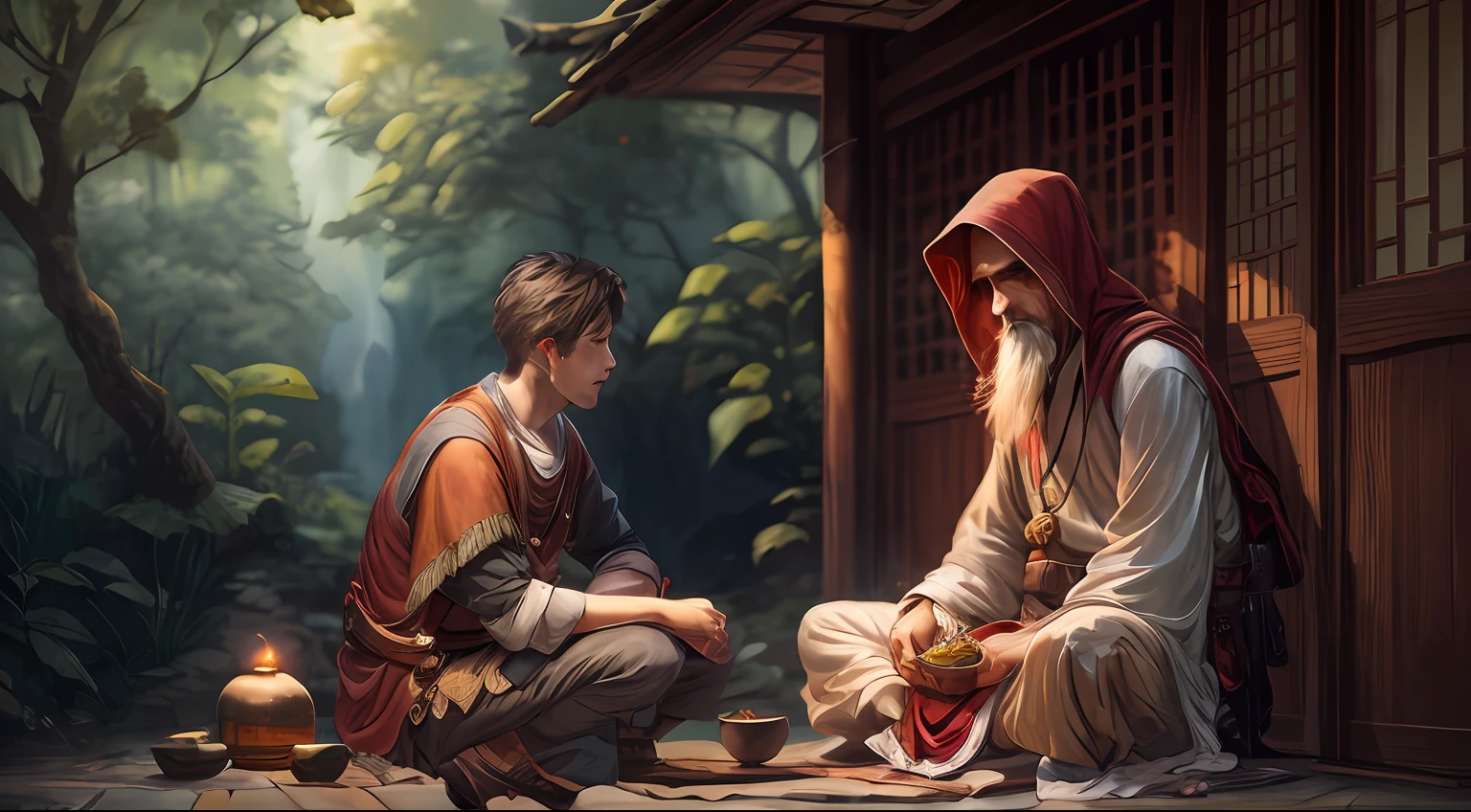 There is an adventurous man and a hermit sitting on the ground, the adventurer holding in his hand a golden feather, art in the style of Guweiz