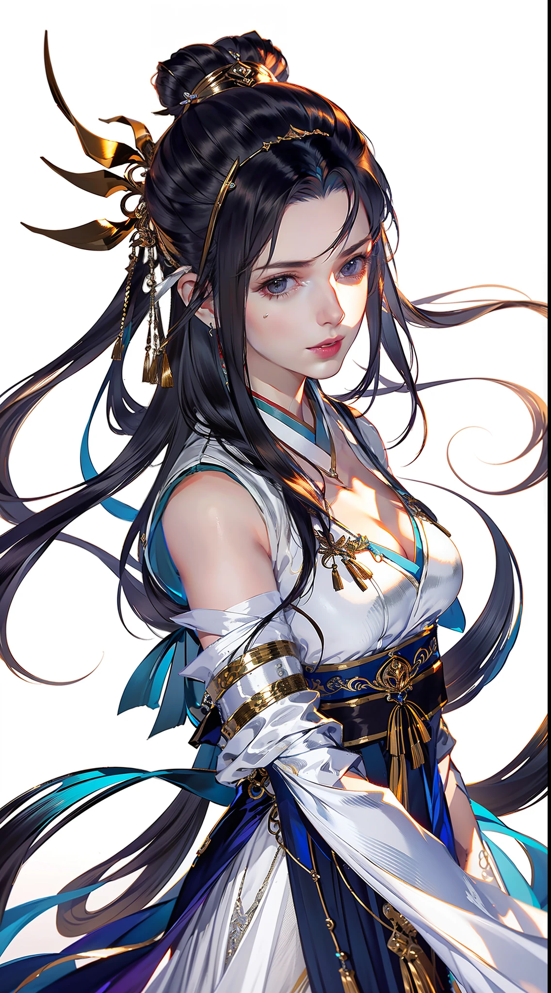 (8k, RAW Photo: 1.2), Best Quality, 1 Woman, Beautiful Face, Delicate Skin, Gorgeous Bun, Hair Accessories, Hanfu, Jewelry, Full Body, High Detail, Professional Assassin, Accent, Flowing Soft Gauze, Arms and Thighs Exposed, Sketch, Denoising, Dramatic, Cinematic, Particle Effects, White Background, Super High Resolution, Best Shadow, RAW, (HDR) (Wallpaper) (Cinematic Lighting) (Sharp Focus), Masterpiece, (Very Detailed CG Unified 8k Wallpaper)