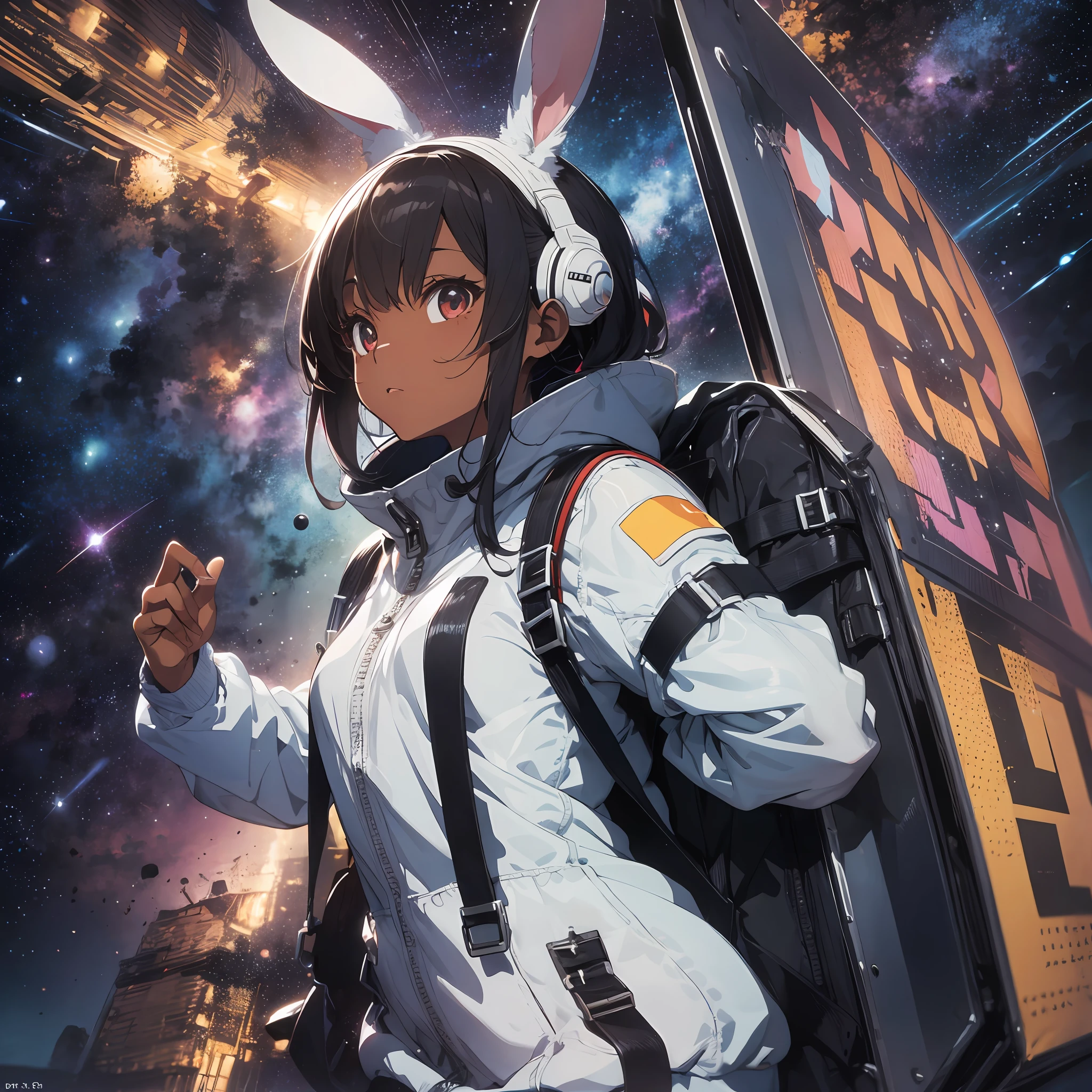 Background is nebula, spacesuit, background is outer space, helmet, spacewalk, thick eyebrows, (huge backpack: 1.5), (dark skin: 1.3), brown skin, movie lighting, small, rabbit ears, (masterpiece), ((best quality)), (super detailed), shiny skin, full body anime girl, clean and detailed anime face, high resolution anime eyes, five fingers, textile shading, Perfect human structure, perfect anatomy,