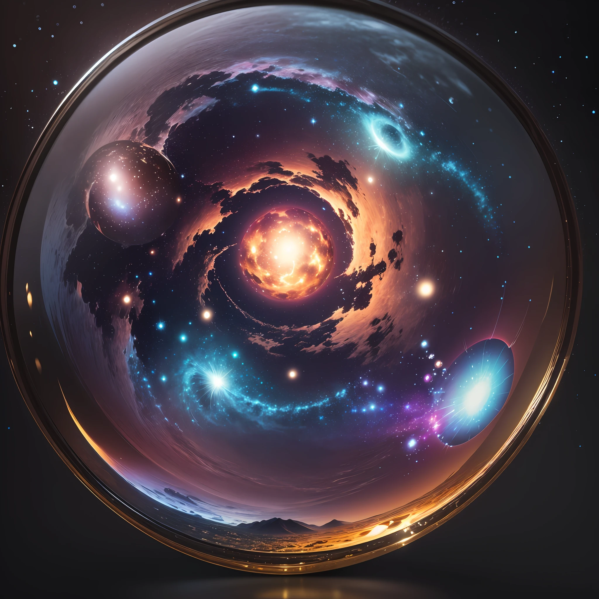 (a masterpiece), best quality, galaxy background, 3D transparent glass sphere, realistic reflections, high resolution, wide vision, image filters, refined technique --auto --s2