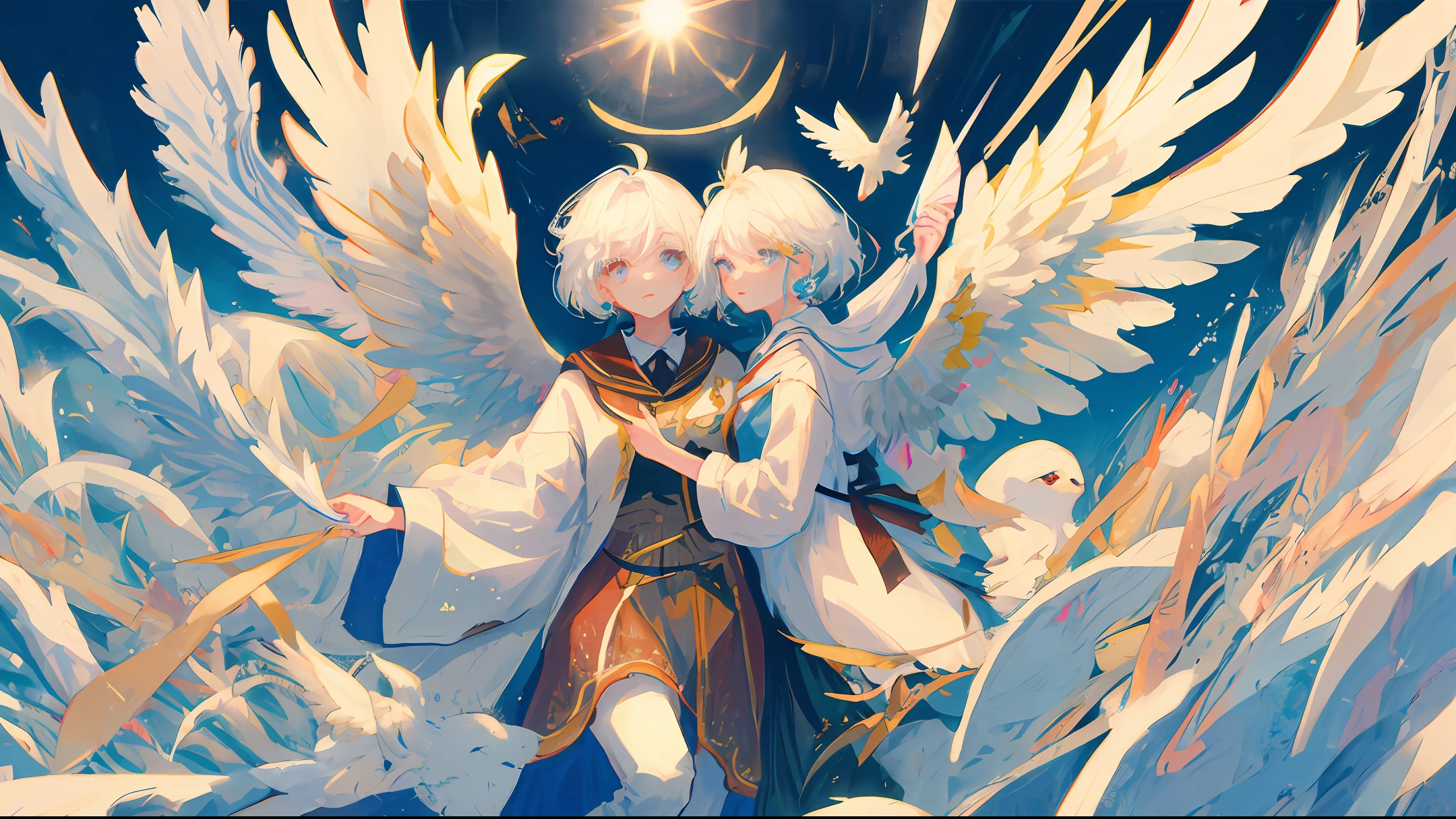 Angels, with large eyes and white feathered wings on their backs