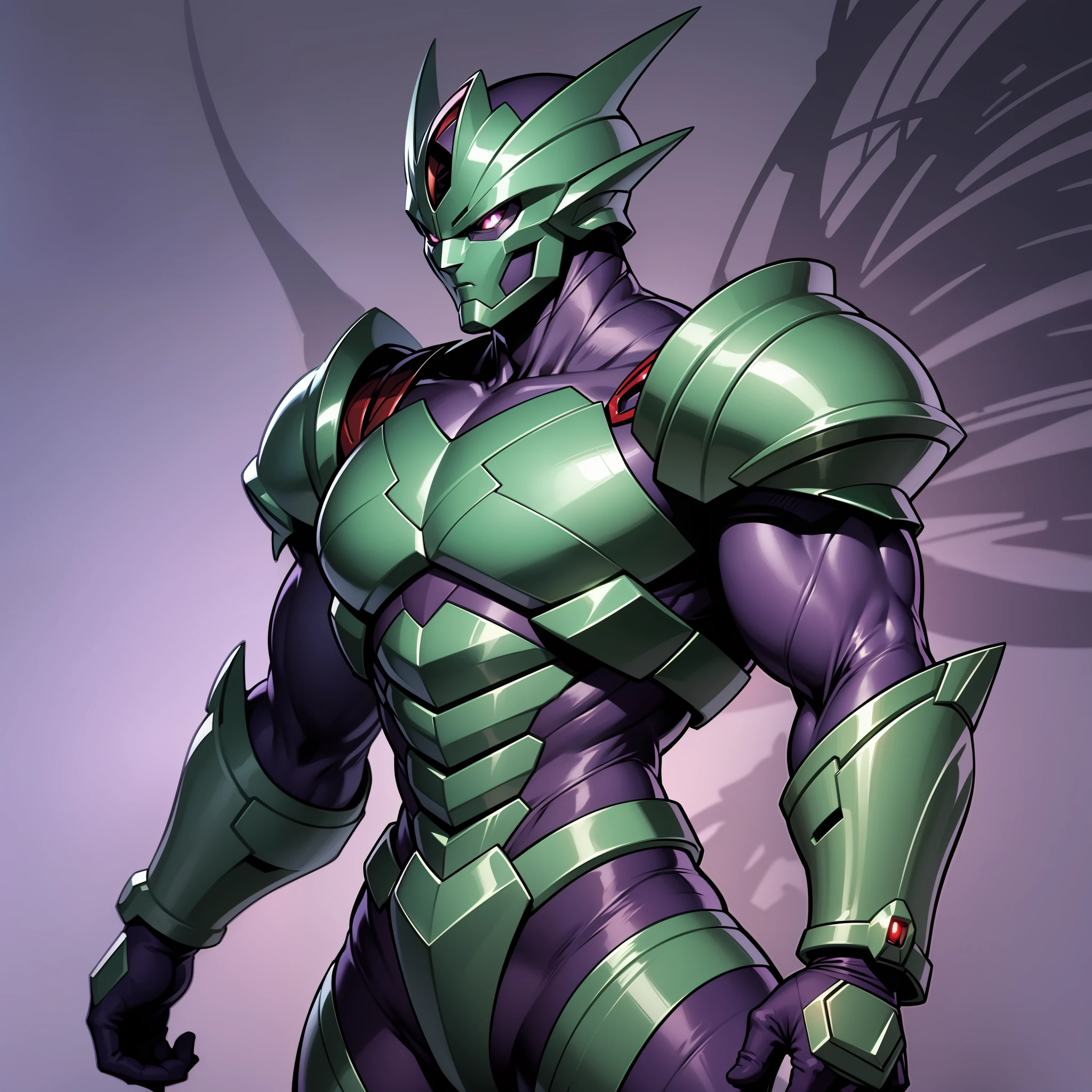 Room on purple background, wild, dark supervillain, muscular anime character!! sci-fi, guyver style, guyver dark hero, zoanoids,muscles!,supervillain,guyver,