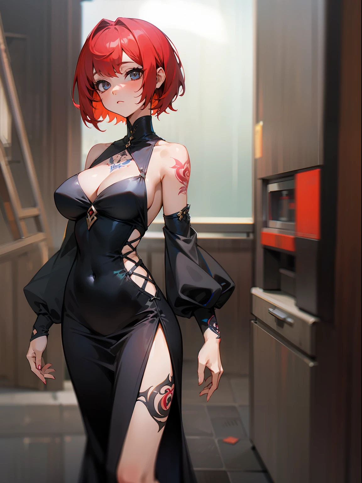 red-haired, 1girl,, short hair, many tattoos,, black dress, long dress, big breasts,