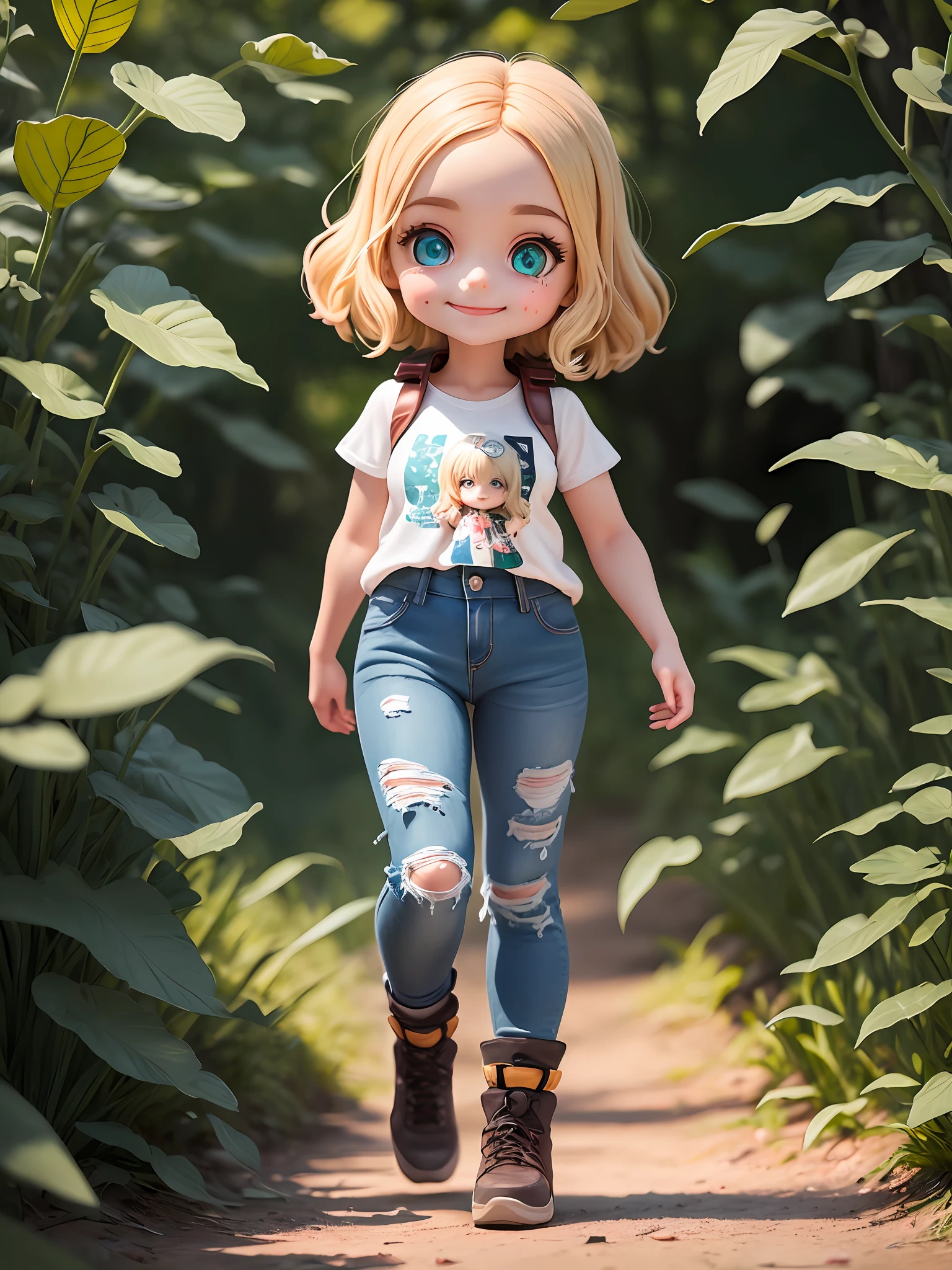 (masterpiece),(best quality),(ultra-detailed), (full body: 1.2), 1girl, Chibi, Cute, smile, shirt, Laura was a girl with blonde hair, that soft hair down to shoulders. His eyes were large and bright, emerald green, full of curiosity and courage. His smile was infectious, lighting up the environment around him. She had a small, snub nose, which complemented her delicate face. Laura was short and agile, always ready to explore new places and face challenges. She wore a comfortable, colorful outfit with a black leather vest, a white blouse and ripped jeans. On her feet, she wore sturdy hiking boots, perfect for her adventures in the woods. Laura had a special sparkle in her eyes that reflected her adventurous nature and her ability to find magic in every corner. (beautiful and detailed face), (beautiful detailed eyes),(masterpiece),(best quality),(ultra-detailed), (full body: 1.2), 1girl, Chibi, cute, smile, shirt, Laura was a 5 year old girl, blonde hair, short hair soft at shoulder height. His eyes were large and bright, emerald green, full of curiosity and courage. His smile was infectious, lighting up the environment around him. She had a small, snub nose, which complemented her delicate face. Laura was short and agile, always ready to explore new places and face challenges. She wore a comfortable, colorful outfit with a black leather vest, a white blouse and ripped jeans. On her feet, she wore sturdy hiking boots, perfect for her adventures in the woods. Laura had a special sparkle in her eyes that reflected her adventurous nature and her ability to find magic in every corner. (beautiful and detailed face), (beautiful detailed eyes).