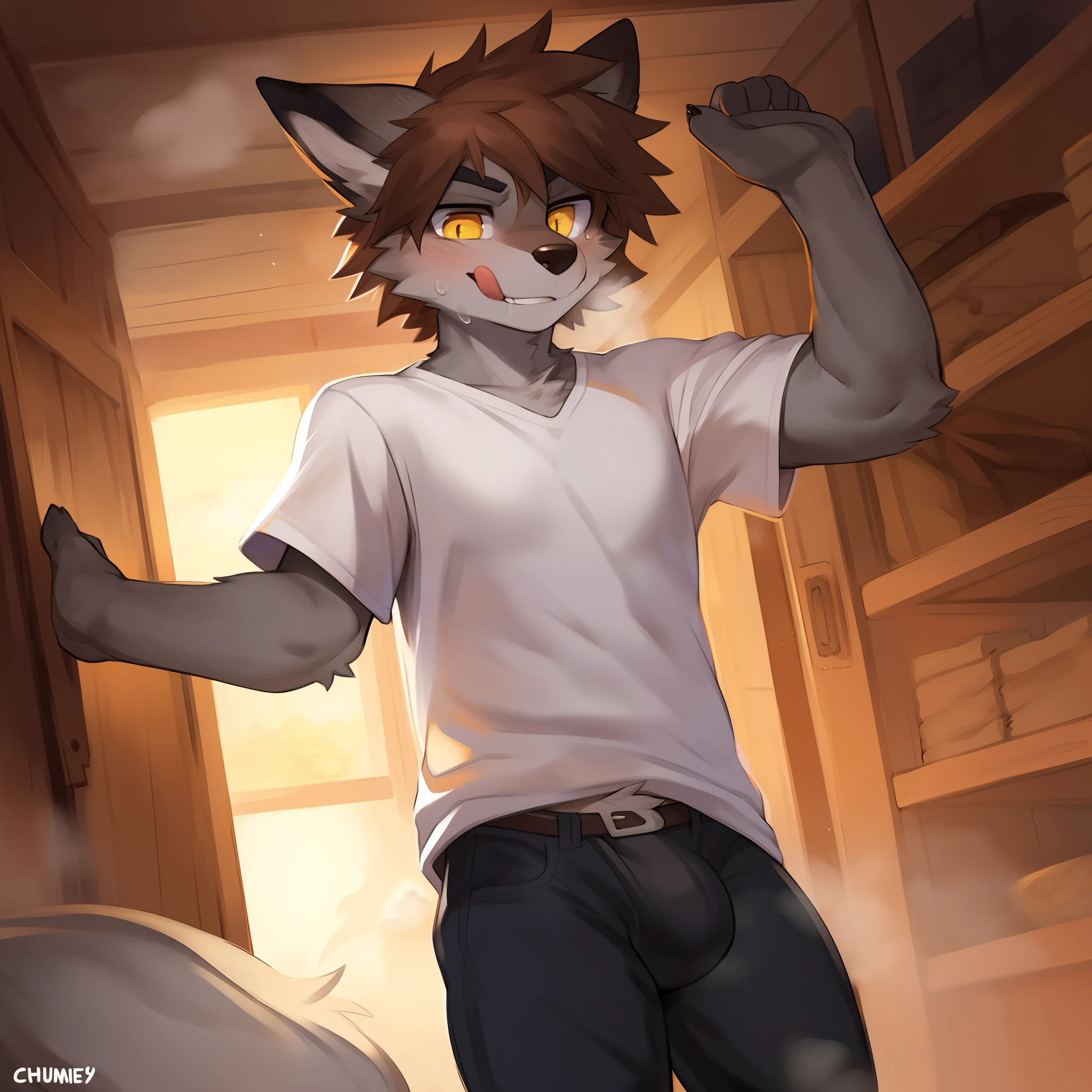 Solo, male, fox, grey fur, grey body, yellow eyes, detailed eyes, detailed hands, brown hair, medium hair, messy hair, short, slim, weak, unathletic, bony, stinky, smelly, sweaty, sweat, steam, steamy, dirty white shirt, ripped black jeans, by glitter trap boy, by darkgem, by chunie, by buta99, bulge, smirking, evil expression, licking lips, rape face