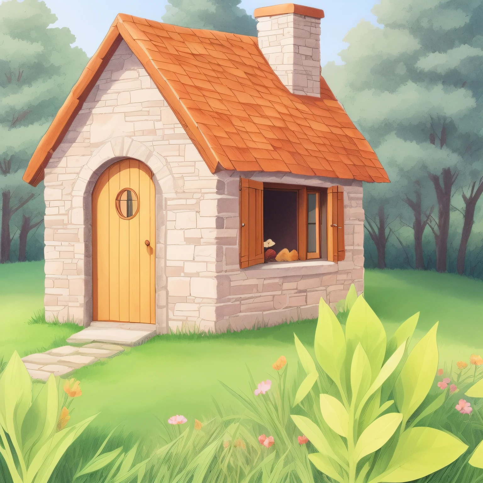 There is a stone house with a chimney in the forest, and there is some grass in front of the house, illustrated by children