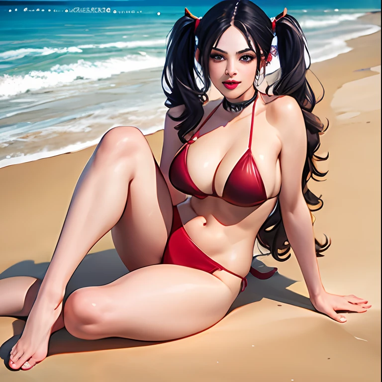 (masterpiece, best quality), Harley Quinn, beautiful woman, detailed bikini, pigtails, beautiful face, perfect face, big gorgeous eyes, parted lips, perfect slim fit body, beach, bright colors