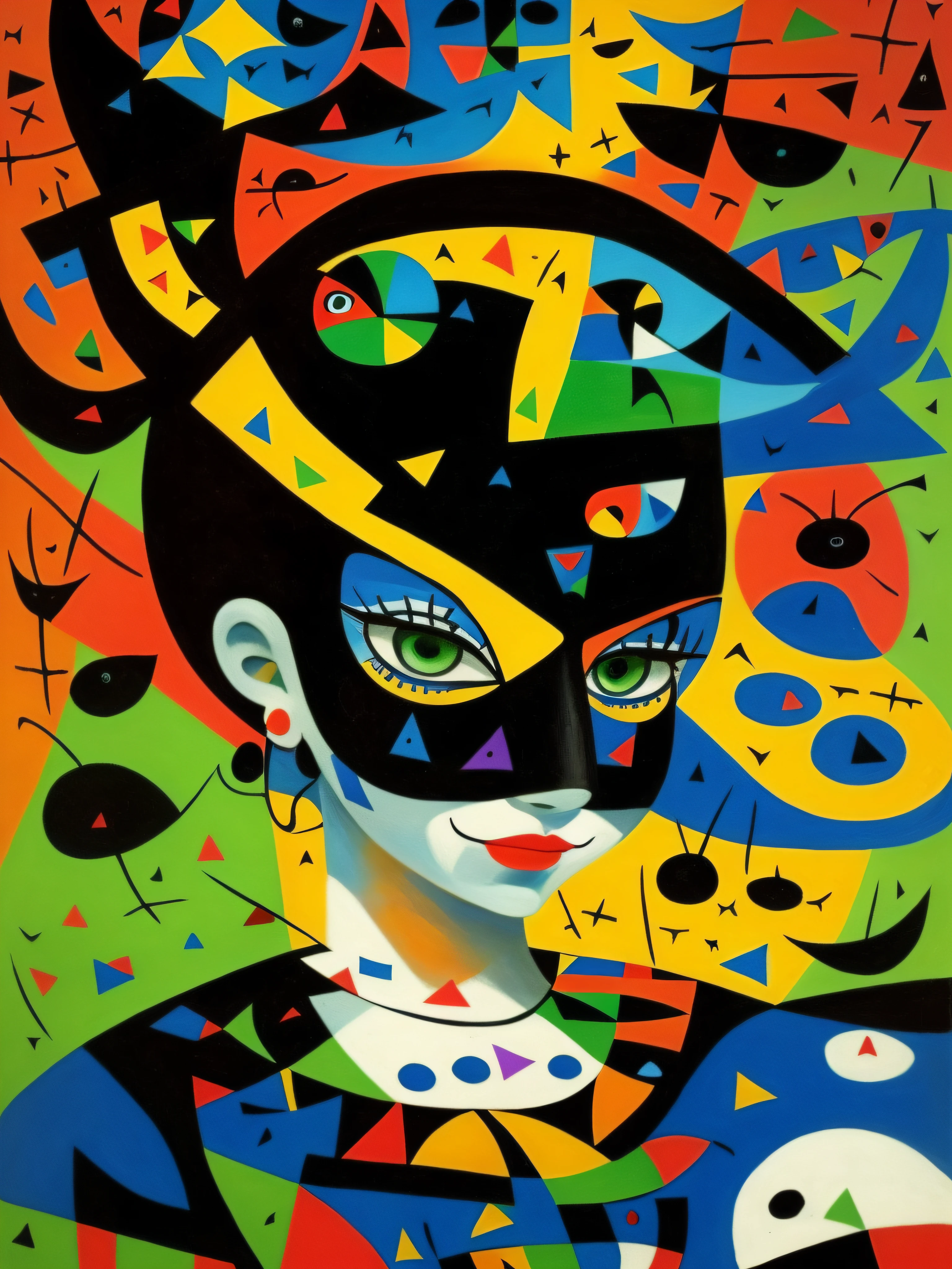Joan Miro, masked figure at the center, her enchanting green eyes visible, The environment vibrates with the color and spirit of a fiesta, in ultra-high-definition, vibrant spectacle --ar 1:1 --s 180