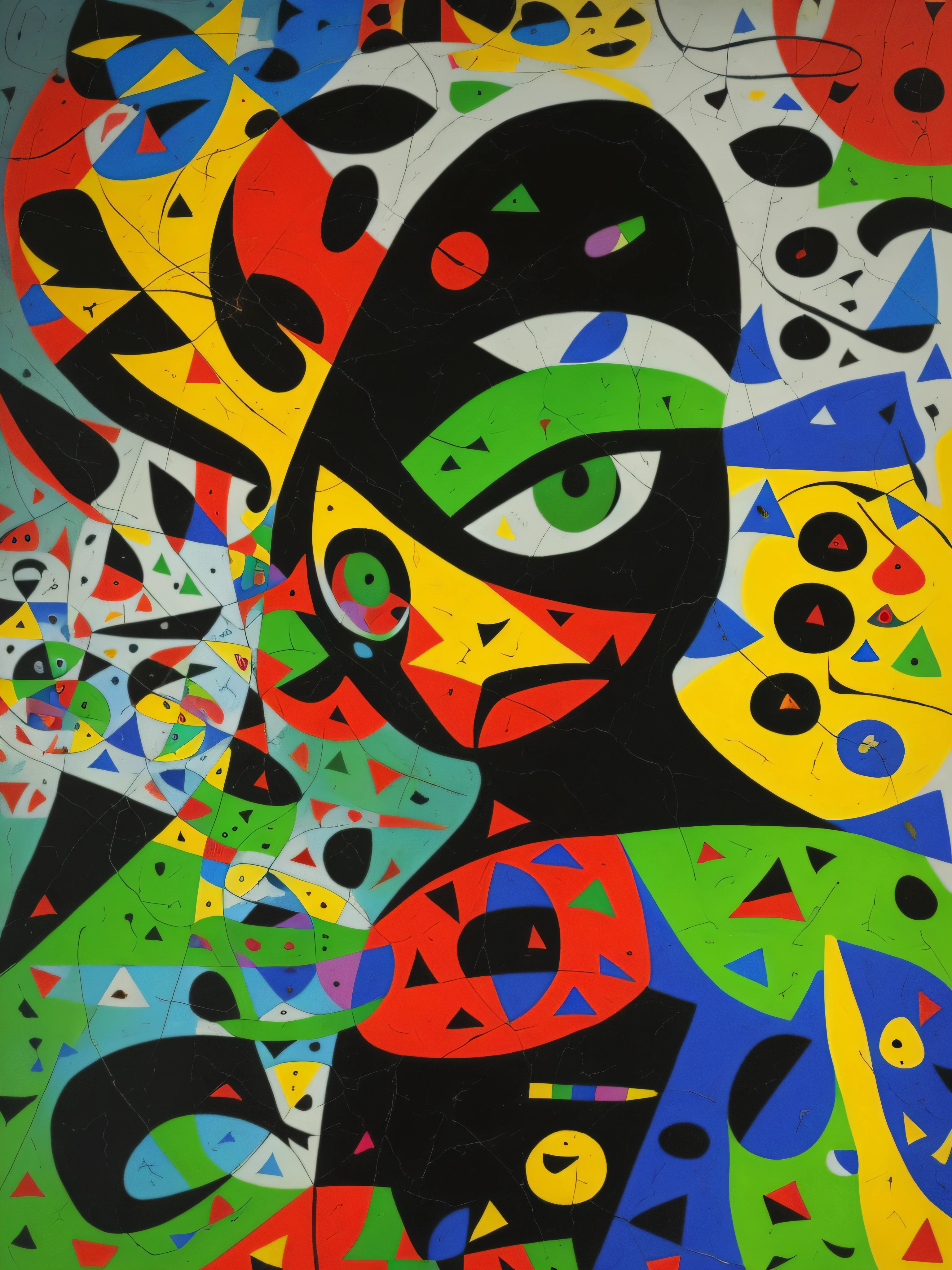 Joan Miro, masked figure at the center, her enchanting green eyes visible, The environment vibrates with the color and spirit of a fiesta, in ultra-high-definition, vibrant spectacle --ar 1:1 --s 180