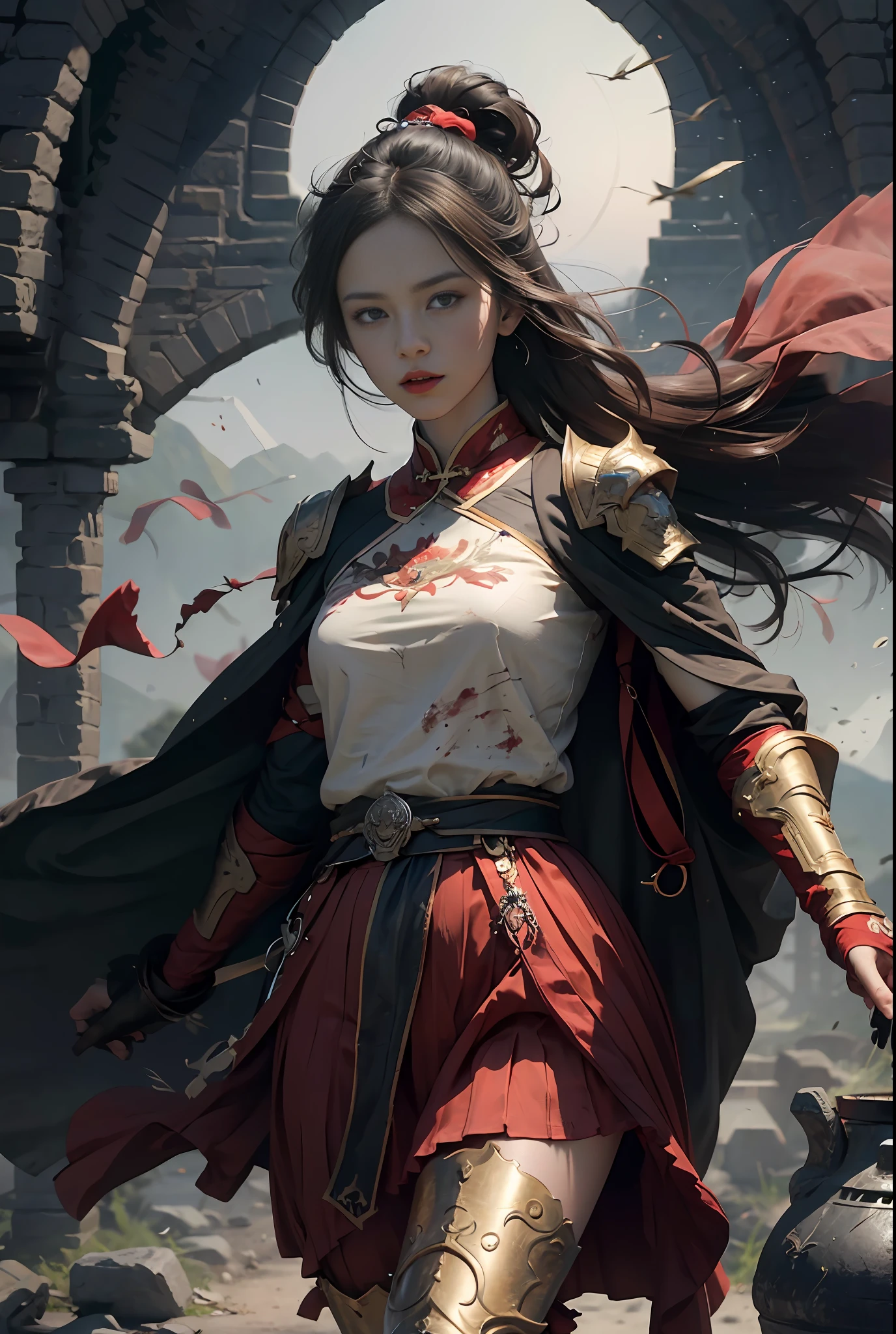 (Positive focus), (In the dark: 1), (Best quality), (Realisticity: 1), Realistic skin texture, highly detailed, 8k wallpaper, volumetric lighting, dynamic lighting, a girl, black robe, red belt, small amount of armor, shoulder armor, waist guard, hand guard, veil, holding a short sword in front of you, ancient Chinese wind, escape action, run, escape, being hunted down, short sword at the waist, blood stains, clothes are torn, ancient Chinese battlefield, a group of ancient soldiers chasing and killing, arrows flying, war is flying, night, dramatic composition,