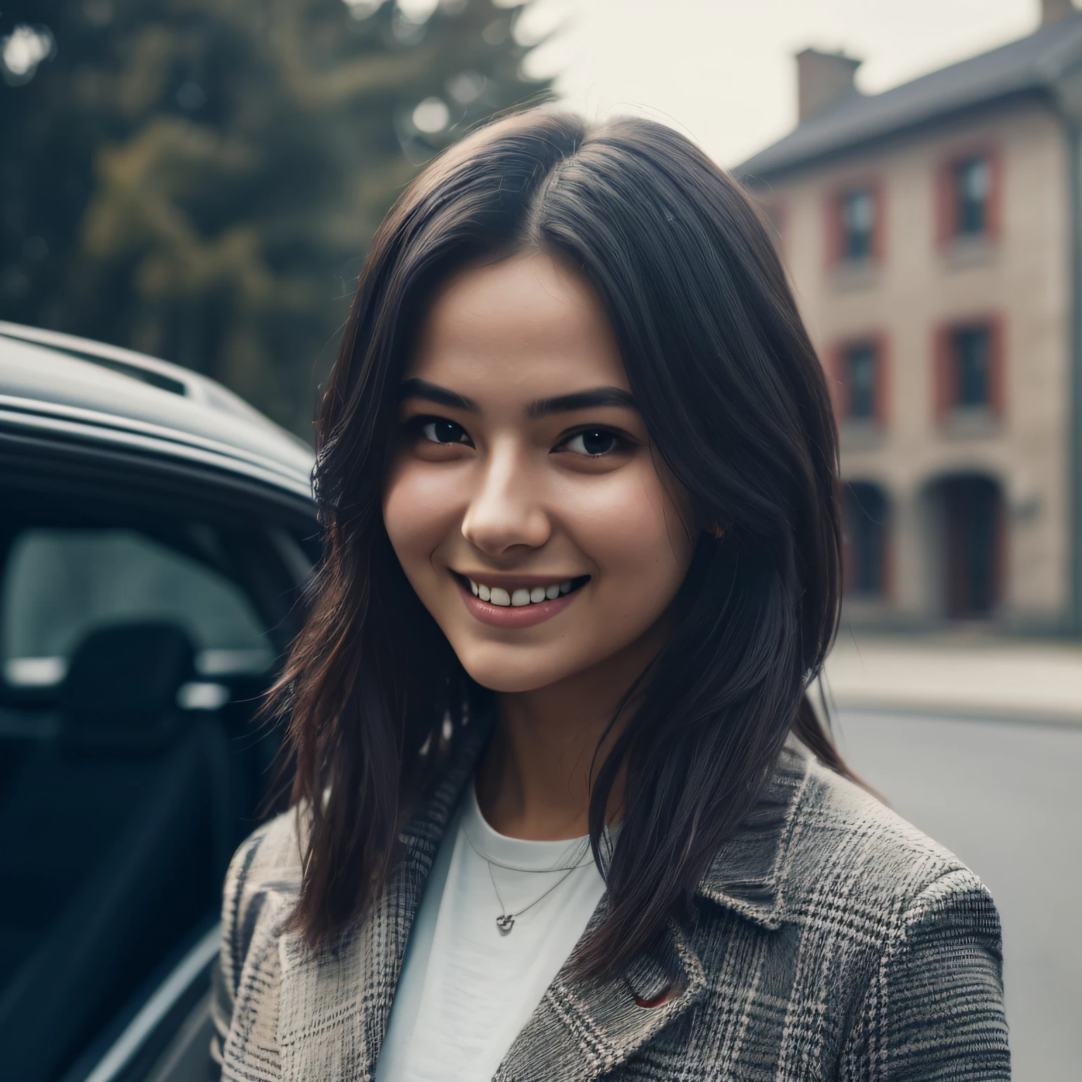 Top Quality, Masterpiece, Ultra High Resolution, (Photorealistic: 1.4), Raw Photo, 1 Girl, Darkness, Deep Shadow, Low Key, Cold Light. Upper body only image. The hair is long. The clothes are suits. Feeling like you're guiding. There is a car in the background , smiling