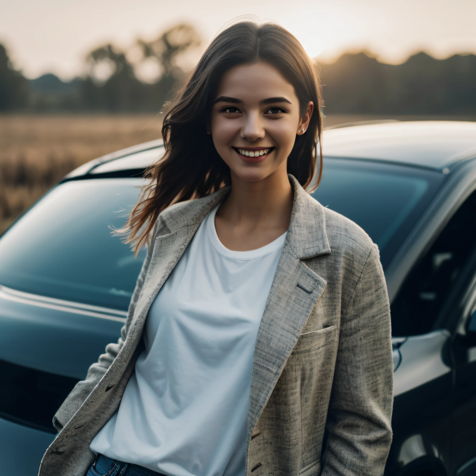 Top Quality, Masterpiece, Ultra High Resolution, (Photorealistic: 1.4), Raw Photo, 1 Girl, Darkness, Deep Shadow, Low Key, Cold Light. Upper body only image. The hair is long. The clothes are suits. Feeling like you're guiding. There is a car in the background , smiling