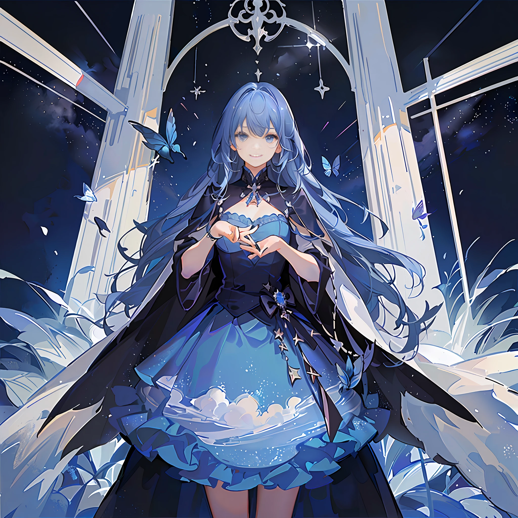 A woman with a sisterly feeling but a little mature, long sea blue hair, long hair and waist, scattered, black hair, inner layer dyed sky blue, blue eyes, surrounded by five three-dimensional things of azure blue, interstellar commander, solemn and tightly wrapped aristocratic dress, shawl dark blue cape with starry sky drawing inside, dark blue oversized swing princess dress, stellar embellishment on the skirt, is a wistful smile, left eye has a display eyepiece, dark blue butterflies fly beside it, right ring finger with ring, sense of technology, background is theater, starry sky curtain