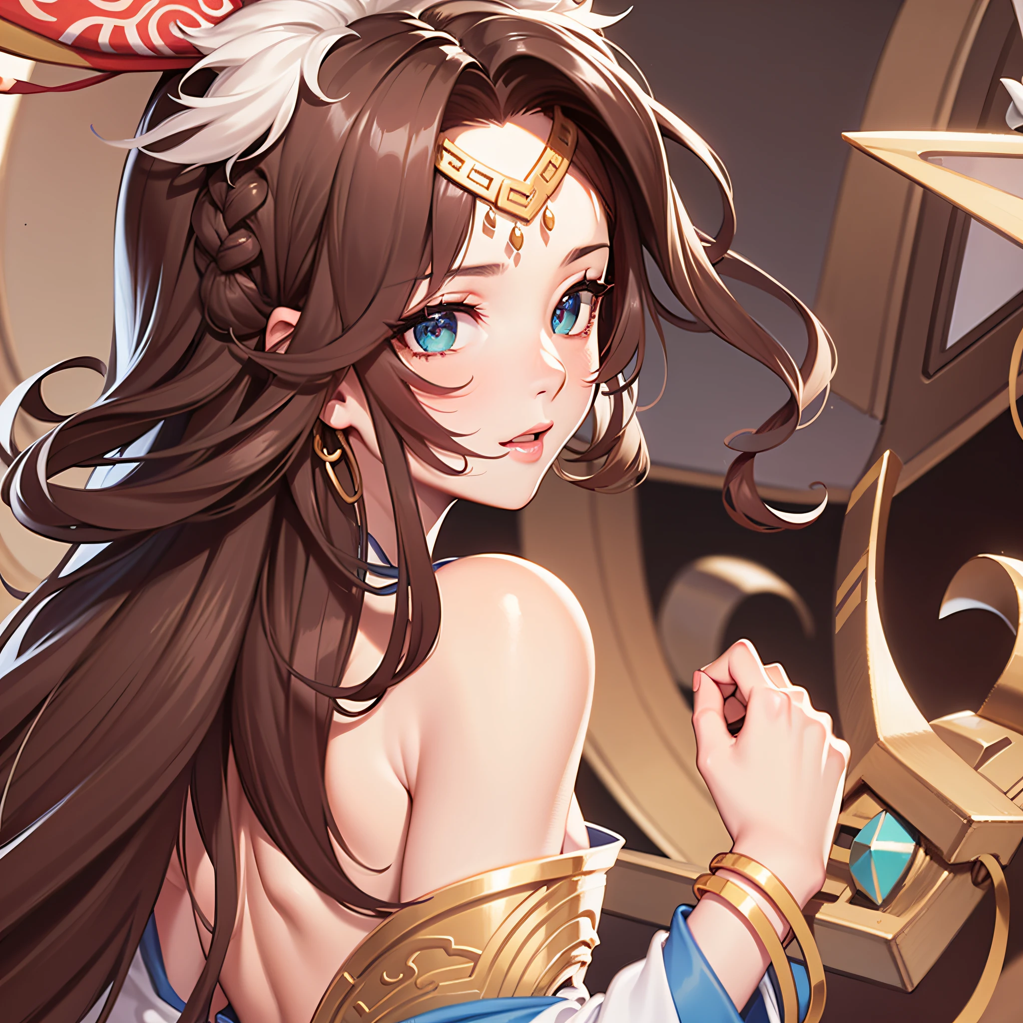 Fuqin, Beautiful Woman, Sable Cicada, Bare Back, Romance of the Three Kingdoms, Ancient Chinese Clothing, Wind Blowing, Flowing Hair, Turning Your Back to the Camera, Turning Your Head with Charming Eyes, Long Hair, Gradient Hair, Yellow and Red Hair, Long Hair, Loneliness, Ray Tracing, Reflected Light, Depth of Field, Close Up, Close Up, Masterpiece,,FOV,f1.8,Masterpiece, Best Quality, High Detail, Ultra High Quality, Ultra Detail, Perfect Drawing, CG, 3D, 8k, Illustration, High Quality, Ccurate, Textured Skin, UHD