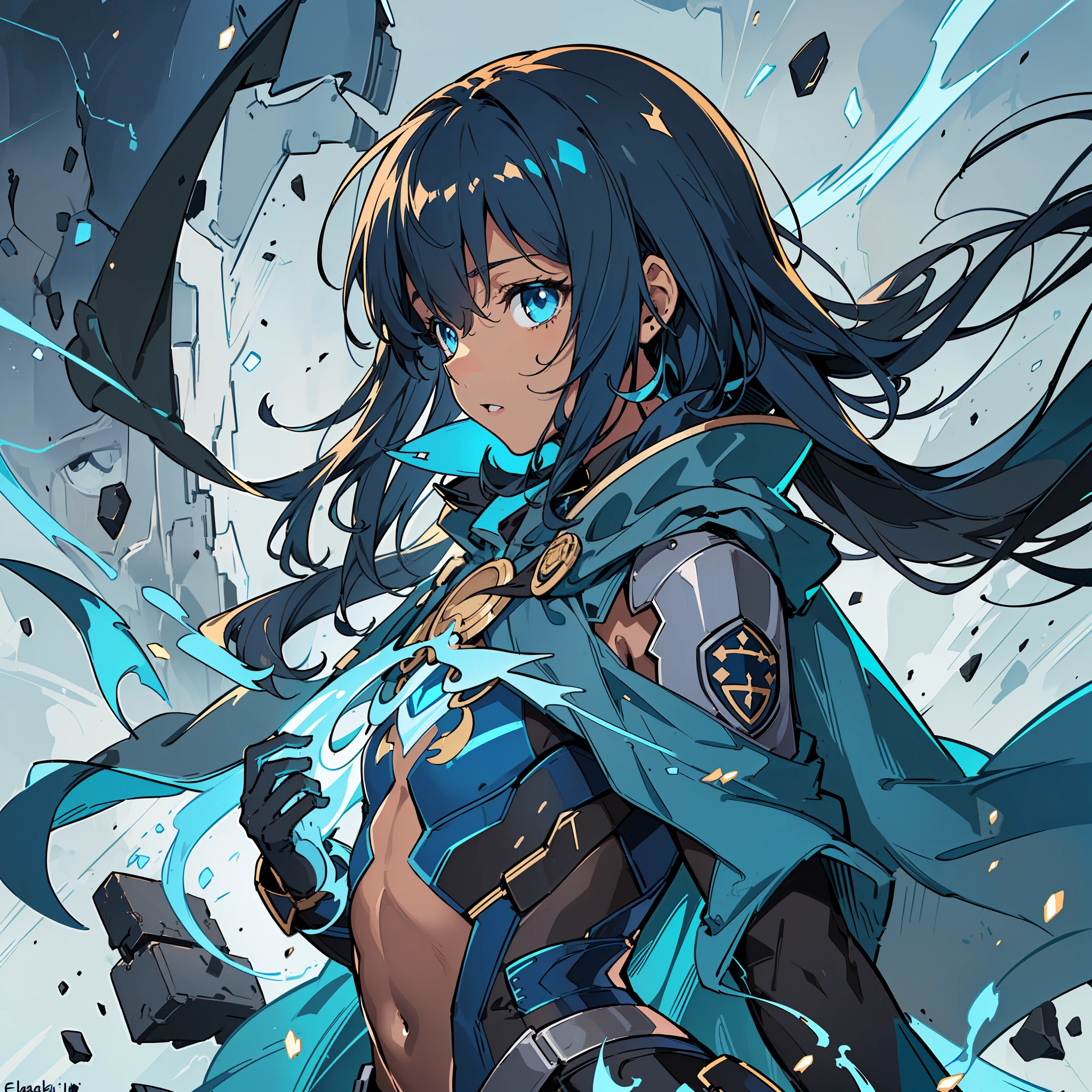 (((Profile Pic))), (((Flat Chest))) Female, (((Brown Skin)))), (((Long Dark Blue Hair with One Sided Bang covering a eye)))), Light Blue Eyes, (((((Black Battle Tech Suit Covered by a Dark Blue Cape))))), Clothes Are Mostly Black in Color, But with Blue and White Parts