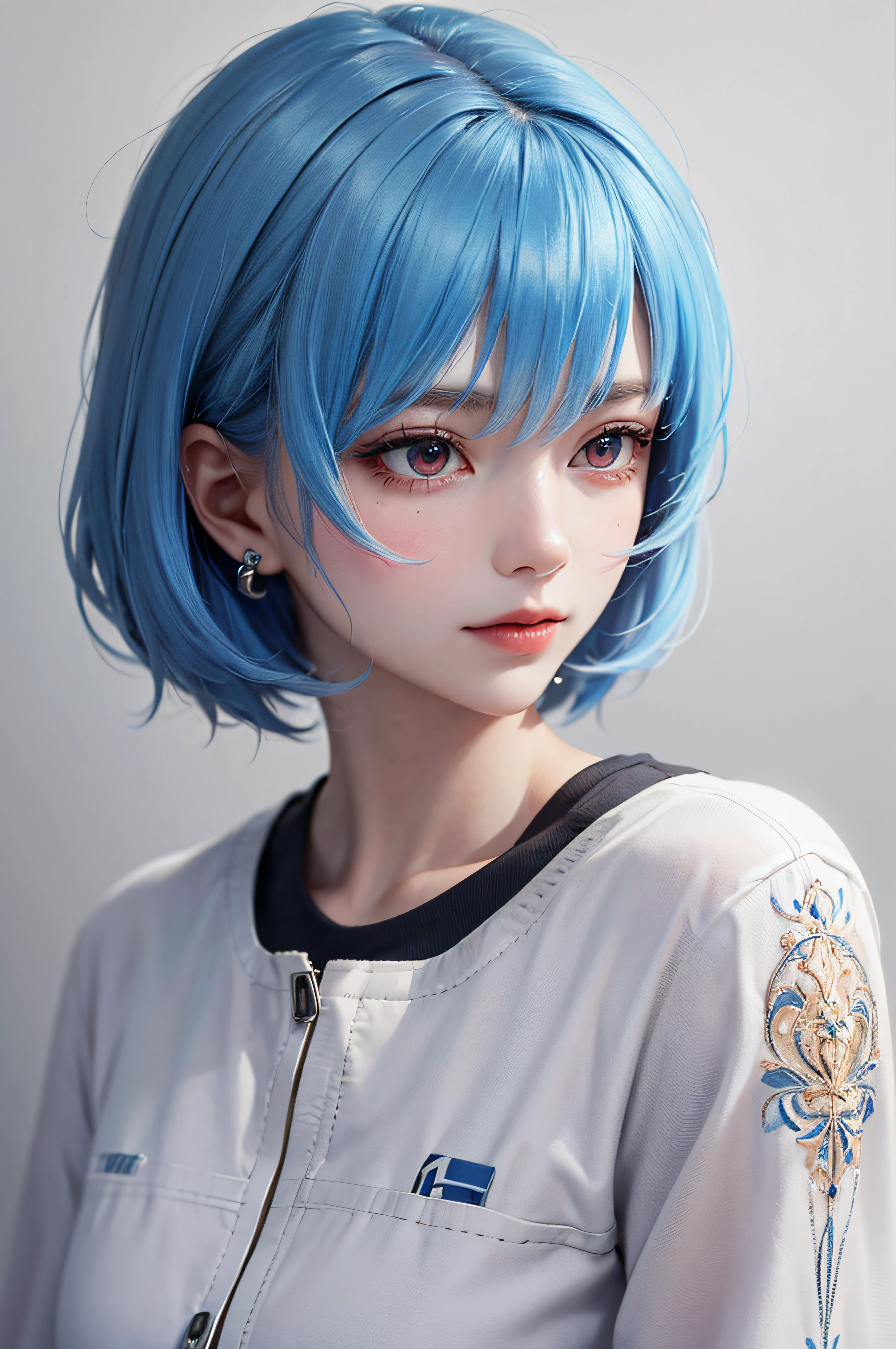 Masterpiece, Best Quality, 8K, Detailed Skin Texture, Detailed Cloth Texture, Beautiful Detail Face, Intricate Detail, Ultra Detailed, Portrait of Rei Ayanami, Blue Hair, Red Eyes, Profile, Look Down, No Background