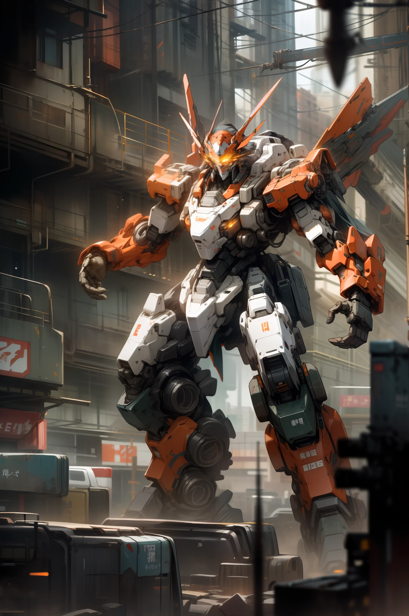 Barren planet, ruins, armed with weapons, glow, robots, buildings, glowing eyes, orange mech, science fiction, city, reality, mecha, galactic background, neon, cyberpunk, dragon mech hovering around mech, holding a heavy sword