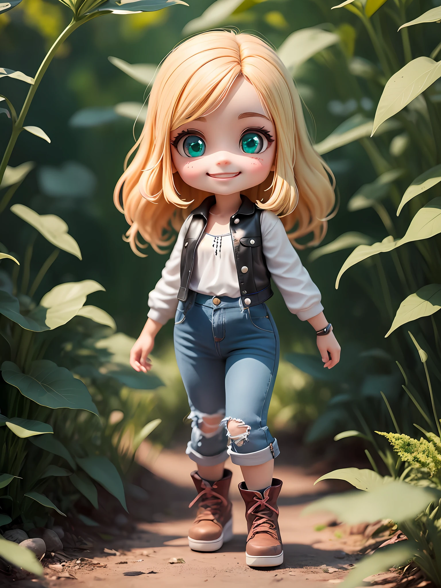 (masterpiece),(best quality),(ultra-detailed), (full body: 1.2), 1girl, Chibi, Cute, smile, shirt, Laura was a girl with blonde hair, that soft hair down to shoulders. His eyes were large and bright, emerald green, full of curiosity and courage. His smile was infectious, lighting up the environment around him. She had a small, snub nose, which complemented her delicate face. Laura was short and agile, always ready to explore new places and face challenges. She wore a comfortable, colorful outfit with a black leather vest, a white blouse and ripped jeans. On her feet, she wore sturdy hiking boots, perfect for her adventures in the woods. Laura had a special sparkle in her eyes that reflected her adventurous nature and her ability to find magic in every corner. (beautiful and detailed face), (beautiful detailed eyes),(masterpiece),(best quality),(ultra-detailed), (full body: 1.2), 1girl, Chibi, cute, smile, shirt, Laura was a 5 year old girl, blonde hair, short hair soft at shoulder height. His eyes were large and bright, emerald green, full of curiosity and courage. His smile was infectious, lighting up the environment around him. She had a small, snub nose, which complemented her delicate face. Laura was short and agile, always ready to explore new places and face challenges. She wore a comfortable, colorful outfit with a black leather vest, a white blouse and ripped jeans. On her feet, she wore sturdy hiking boots, perfect for her adventures in the woods. Laura had a special sparkle in her eyes that reflected her adventurous nature and her ability to find magic in every corner. (beautiful and detailed face), (beautiful detailed eyes).