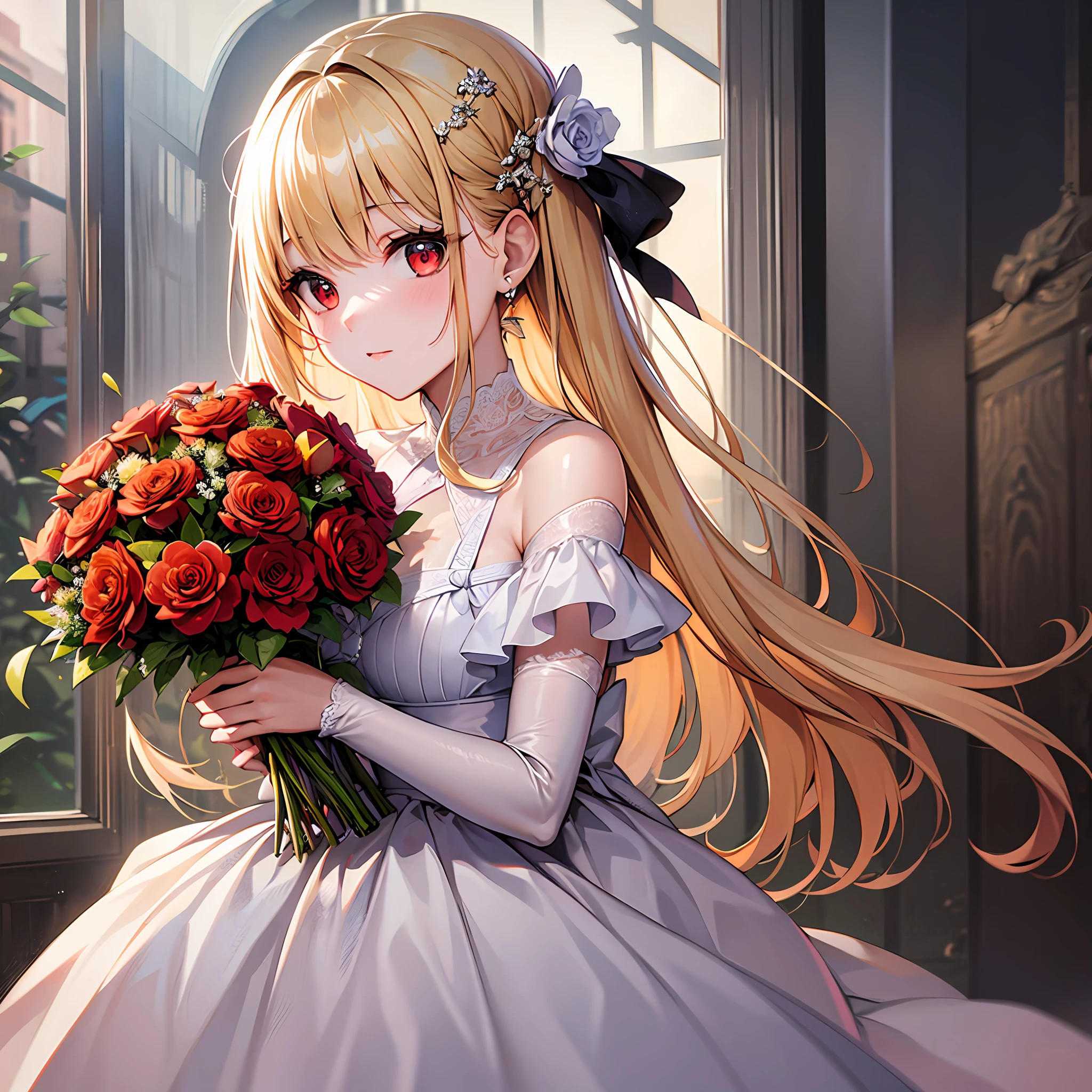 Blonde girl, red eyes, dress, bouquet