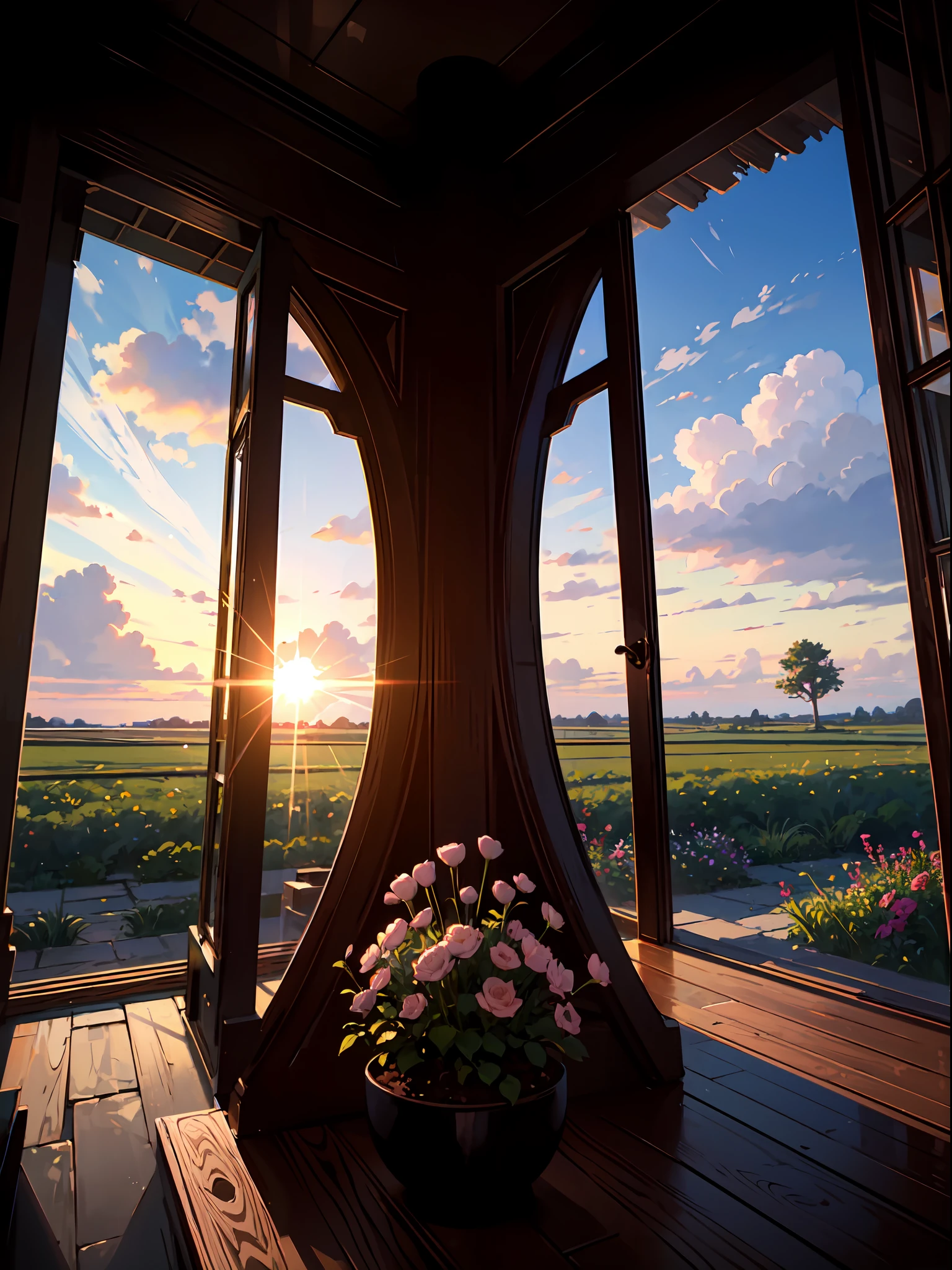 Masterpiece, best quality, ultra-detailed, tree of life, big tree, prairie, full of flowers, sunset, blurry, backlit, gradient, cinematic light and shadow, blurry light, aesthetic scenery, extremely detailed background, add more detail