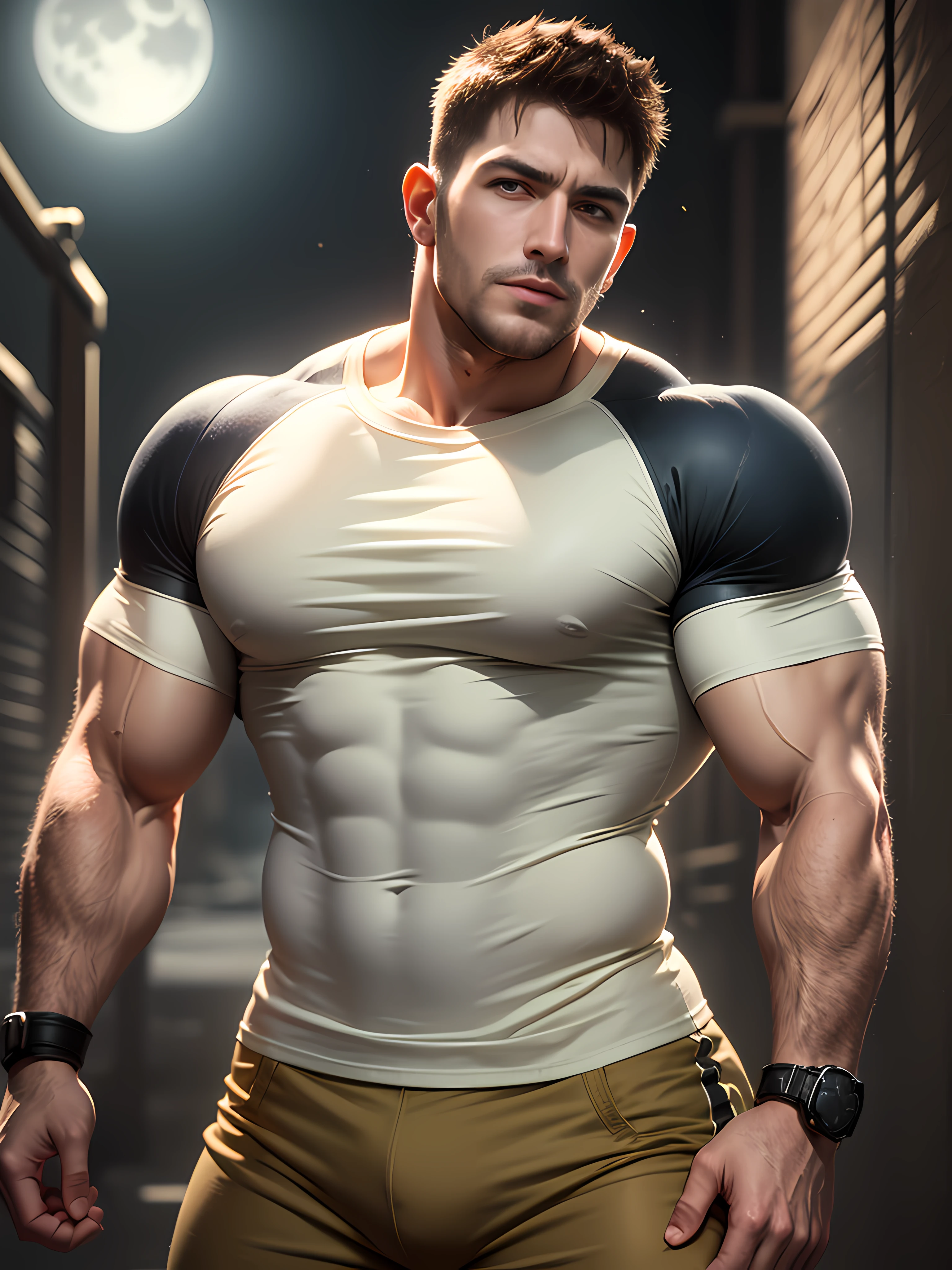 Character design (Resident Evil - Chris Redfield, Chris Redfield) wears a mie cream white high-neck stretch tight T-shirt, looks intoxicated and enjoyed, eyes slightly narrowed, mouth wide into an O-shape, expression enjoyment, deep and charming eyes, emerald-like pupils, muscle male hero, heroic male pose, tall and burly, muscular! Sexy charming muscular leg muscles, tall burly, beige cream stretch turtleneck tight T-shirt, super gain and cool, high resolution commission, cream white combat boots, attractive strong men, bright moonlight on the body, mesmerizing enjoyment