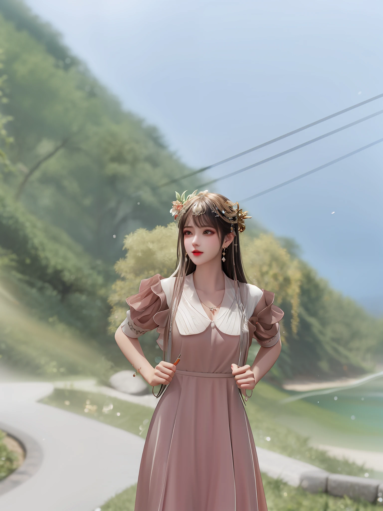 best quality,masterpiece,highres,cg,
1girl,long hair,dress,water,solo,jewelry,white dress,earrings,hair ornament,splashing,upper body,hair bun,black hair,
lighting,candid,Photograph,high resolution,4k,8k,Bokeh,