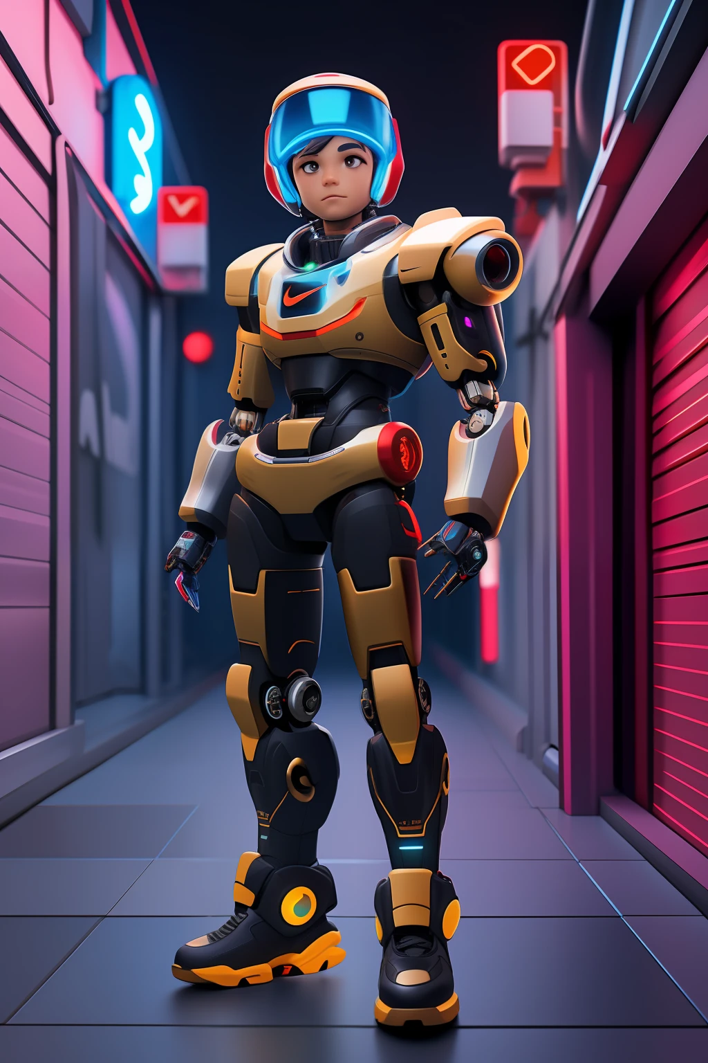 mechanical cyborg, chibi boy, resin mockuP, complex details, looking at the viewer, bored pose, full body, black background, super fashionable, with white hair, bored face, robotic arms, holding black mecha weapons, wearing black bulletproof jacket, and black red nike functional shoes, light neon lines in shorts and jacket shoes, fine gloss, clay material, popmart style, cyberpunk, ip by popmart, mockup blind box, studio light, front view, 3d rendering, c4d, octane render, blender, hyper quality, ultra hd, ultra high detail, 8k,