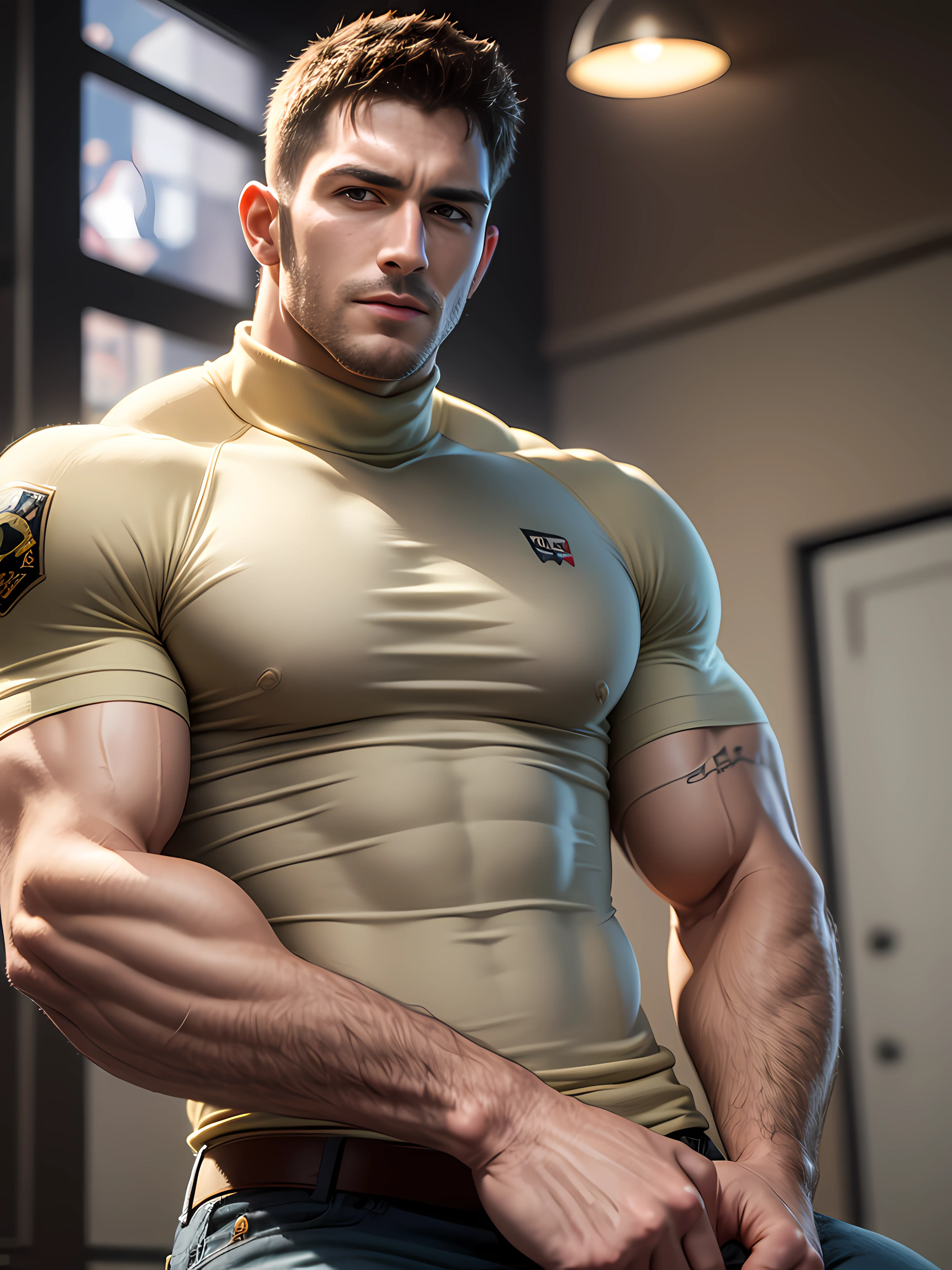 Character design (Resident Evil - Chris Redfield, Chris Redfield) wears a mie cream white high-neck stretch tight T-shirt, looks intoxicated and enjoyed, eyes slightly narrowed, mouth wide into an O-shape, expression enjoyment, deep and charming eyes, emerald-like pupils, muscle male hero, heroic male pose, tall and burly, muscular! Sexy charming muscular leg muscles, tall burly, beige cream stretch turtleneck tight T-shirt, super gain and cool, high resolution commission, cream white combat boots, attractive strong men, bright moonlight on the body, mesmerizing enjoyment