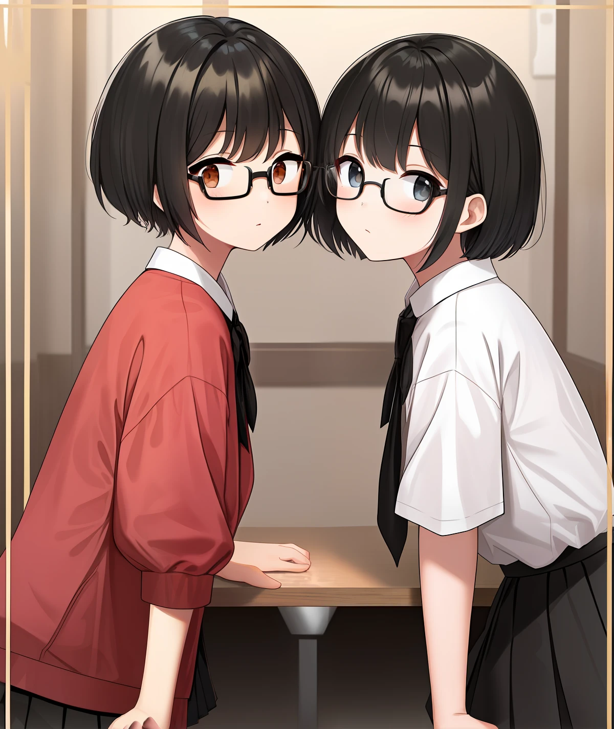 Short hair girl, middle school, black frame glasses, black hair, peach blossom eyes, baby fat, cute