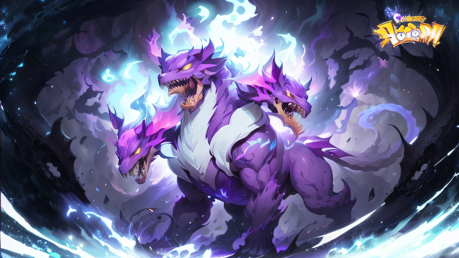 Anime characters in purple and white on purple background, 1 hellhound with 3 heads, monster with 3 heads, full art, official splash art, Pokemon art style, high detail official artwork, super legend, Koda Kazuuma, illustrated Pokemon, from Hidden Academy, Gengar, official artwork, official art, mystery art style, extended art, full art illustration, Pokemon anime style, fierce battles