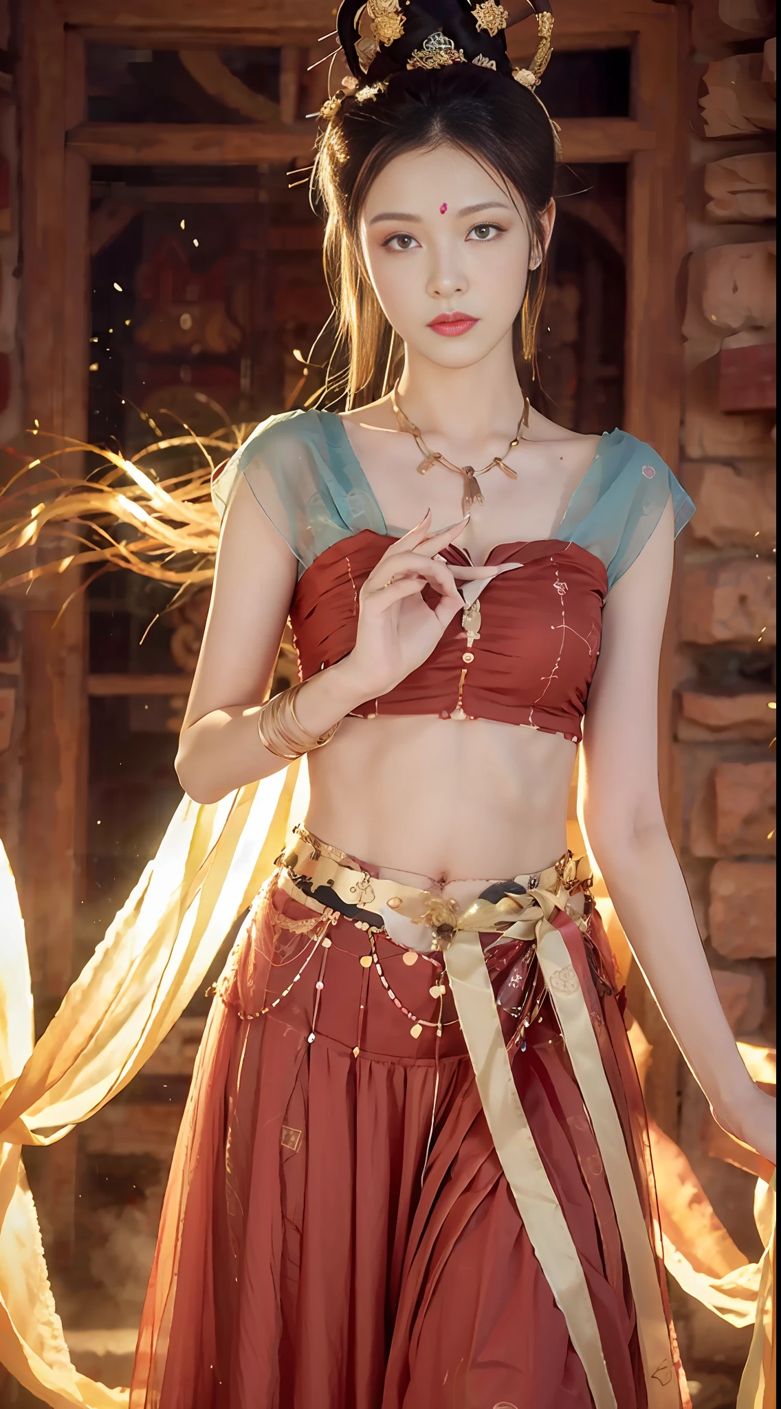 (8k, RAW photo, best quality, masterpiece:1.2), (realistic, photo-realistic:1.4), (extremely detailed CG unity 8k wallpaper), (1 girl:1.5), Western beauty, (Red clothes: 1.4), red spots on forehead, pale skin, blush, big eyes, full body, thighs, open navel, gold waist chain, gold jewelry, flying ribbons, particles, background is Loulan ancient city, ancient city wall, desert, dance, dunhuang_dress, dunhuang_style,